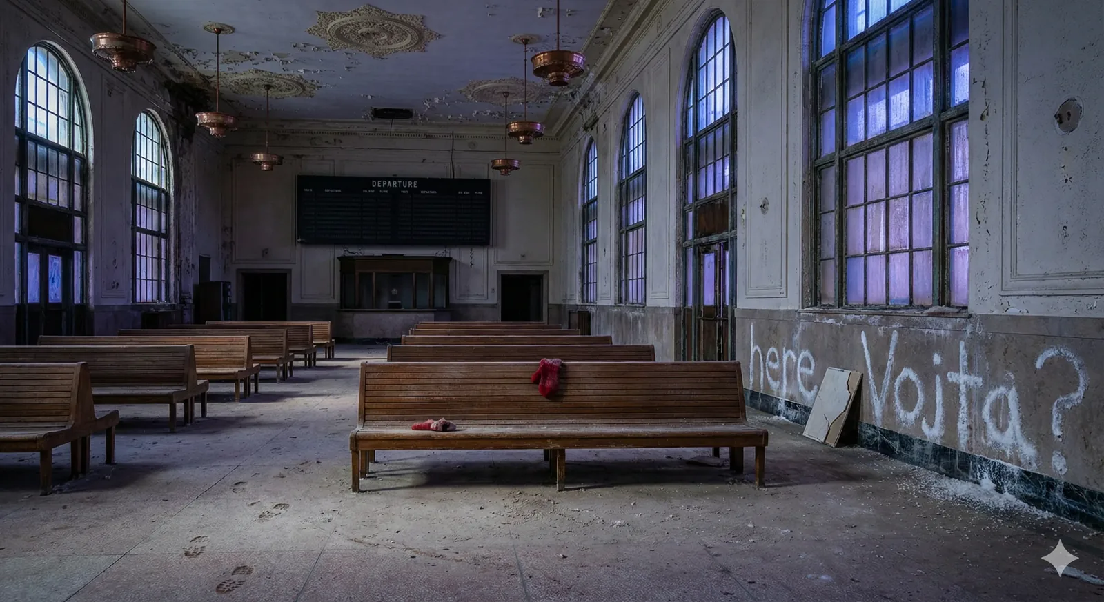 Dust lifts as my step hesitates between benches, and the room exhales at the same time, a hollow sigh threaded with the scrape of old wood and the cold violet wash leaking through tall windows mid-fade. The hall opens outward while pulling inward: departures frozen on a dark board above shuttered windows, paint blistering like old apologies on the ceiling, lamps hanging patient and mute. Someone stitched waiting into this place and left before it could answer.

I follow the clues he might have trusted—footprints pressed into grit, a red scarf slung over the bench like a pulse left behind, another falling to the floor as if reconsidering flight. On the wall, chalked careful and large, the question stays asking: Where Vojta? It tastes of lime and dust, sounds like trains imagined but never arriving. I read it as a vow rather than loss, an offering pinned here until someone returns to claim it. We have not found him yet, but the room still holds its breath, ready.