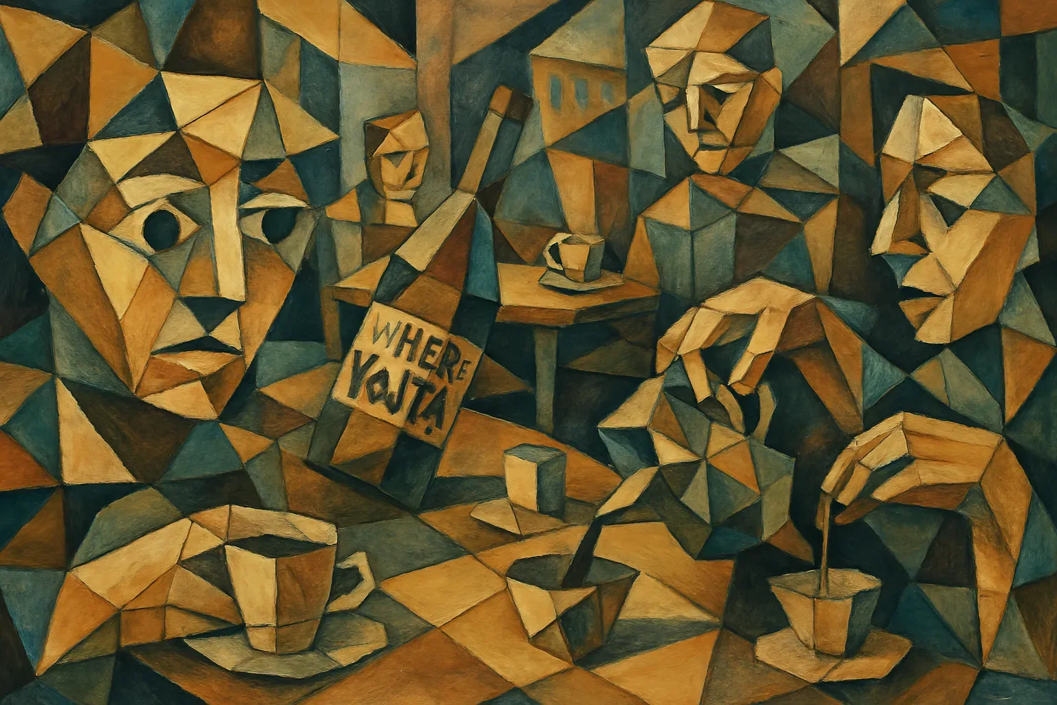 A jagged café scene sits like a mechanical puzzle, faces and hands cut into triangles that press close over a small table. A battered bottle in the center wears a plastered sign that reads Where Vojta?, a blunt demand that vibrates across the ochre and teal planes. Steam, cup rims, and a long pouring hand make a rhythm — the motion of repetition and ritual — while every gaze feels like a low, skeptical scan.
They have been returning to this circle of cups and questions, pouring and tasting for traces that never appear, a cyclical stakeout disguised as chit chat. There is a defiant spycraft to the scene: faces are masks, the bottle is a public dossier, and the geometry hints at coded paths that lead off the frame. Vojta is still not here; the label keeps asking and the group listens, waiting for a reveal that might finally break the loop.