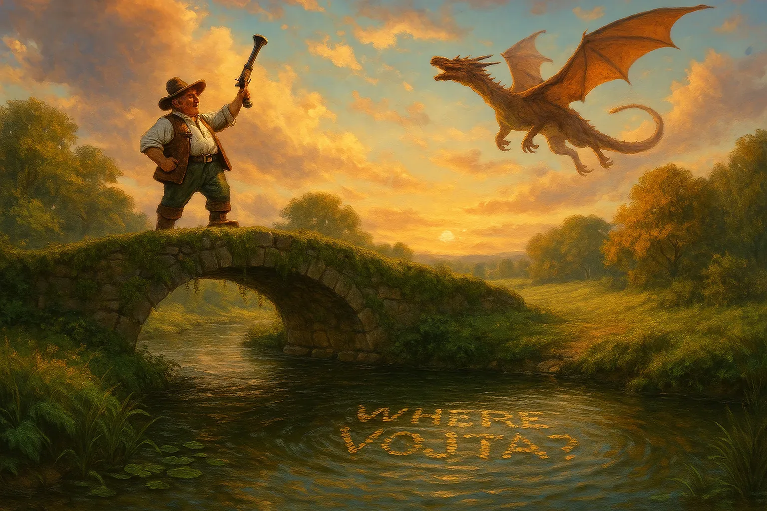 A lone figure stands on a mossed stone bridge at sunset, hat low and a blunt horn raised like a clandestine semaphore. A copper-hued dragon hangs in the flushed sky while the river below spells out WHERE VOJTA? in floating letters that shimmer as an accusation. The light makes the crossing feel sacred and suspicious at once, a threshold where signal meets omen.
The horn reads as spycraft — a crude transmitter from someone used to disguises and doubled meanings — yet nothing proved that the call altered the sky, and the scene might be replayed backward to make sense of cause and effect. Vojta remains unfound; the river's question and the man's stance are all that answer the search party's silence. The tableau broods on that failure, numinous and defiant, an altar of doubt on the border between plain fact and myth.
