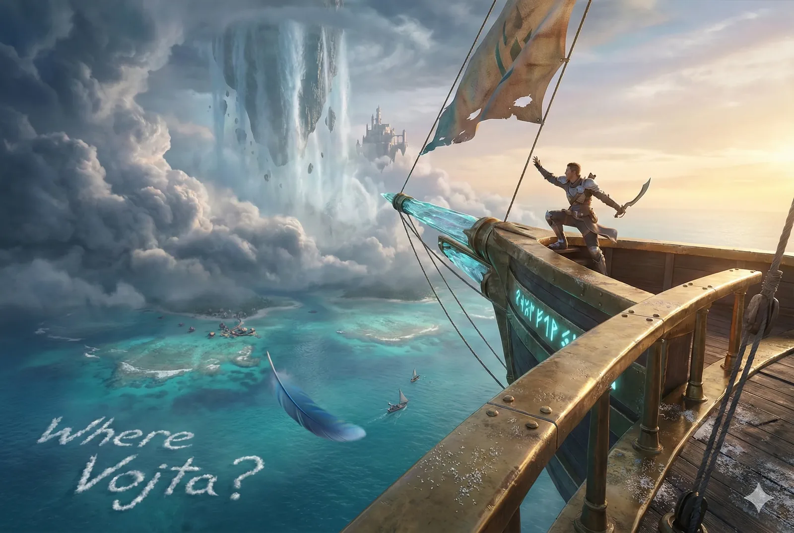The ship holds at a trembling angle where sea lifts toward sky, its prow cut with pale runes that hum quietly, a sound like glass brushed by wind. A man has climbed forward, boots braced, one arm raised toward a drifting citadel far beyond the storm column. His other hand keeps a curved blade low, nonthreatening, as if greeting rather than challenging what hovers ahead. Torn canvas snaps above him, stitching rhythm into the air. Below, the water gleams clear enough to show reefs and wandering boats paused by awe. Someone has written Where Vojta? directly into the surface, letters dissolving at the edges, already thinning.
The feather falling through the space between feels accidental, yet everyone watches it. The man’s mouth opens, shaping the words, "He’ll hear us." The sound carries oddly, bent upward by the clouds. I cannot tell who steers, or if anyone dares. The morning light forgives the damage and the waiting alike, but the sky-city does not answer. Vojta remains unaccounted for, somewhere beyond the mist’s slow descent.