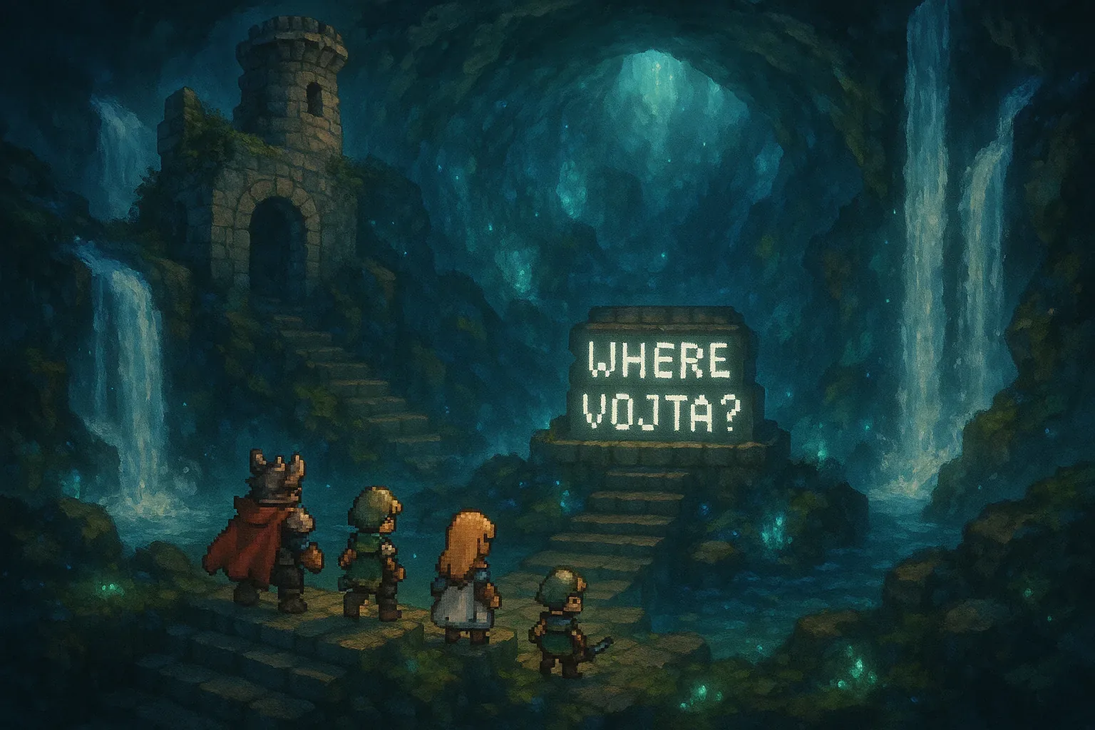 They halted where the cavern widened, water gnashing at steps slick with moss, and the stone tower loomed like a throat swallowing lamplight. The sign pulsed—cold, deliberate letters asking the question they feared to voice, WHERE VOJTA? Its glow gnawed the gloom, each flicker jerking their hearts forward, quicker than safe hands could tether. Someone among them had cut a bargain; that much hung in the hush, like a taste of iron at the back of every tongue.
Old miners once warned: *When words shine in the dark, the cave already owns your name.* The waterfalls muttered the curse in fragments, drumming it out with relentless spray. They tightened grips on wooden hilts, boots clattering on fractured stairs that seemed to writhe. Not one dared look back at the narrow mouth behind them—to do so would be to admit that Vojta might still be breathing there, or nowhere at all. The hunt quickens, yet the emptiness of that glowing question tells us: Vojta still remains unfound.