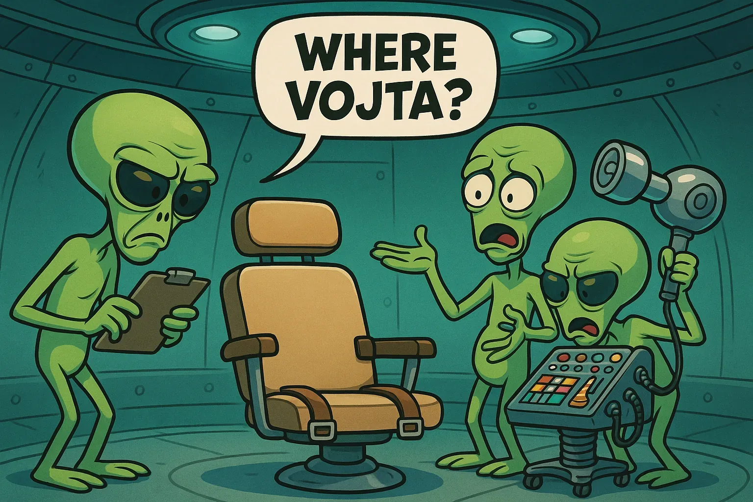 They circled the chair as though it could answer, leather straps hanging loose like tired tongues, seat still warm—evidence clinging to silence. The static hum from the walls gnawed at calm; overhead panels pulsed their low teal glow, rhythmic and cold, swallowing questions whole.

One clutched a clipboard, scribbling shapes no eye should trust, while another barked signals toward a console sprouting wires like roots feeding some inscrutable hunger. A third raised the sensor rod, swinging, scanning, doubting the air. Scan-repeat-glance-curse-adjust-scan. Betrayal tasted faint in the recycled oxygen, metallic and bitter on their thin lips. They thought they controlled the cycle, yet here is absence again, mocking every metric. The speech bubble hovers, blunt and final: WHERE VOJTA? Their query echoes through the sealed shell, and still no trace, only the chair whispering that he left too quietly, or too fast, or not at all. He remains unfound, a breach in their grid of certainty.