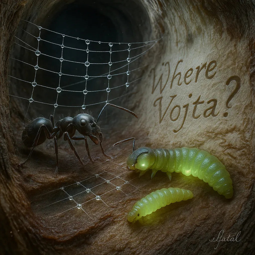 They were already moving when I slid into this cramped hollow—antennae twitching, bodies taut as harp strings struck by invisible fingers. Condensation clung like frightened beads along the silken lattice, trembling each time a distant vibration ran through the root-wall. The glow-larvae pulsed softly, pairing luminous hunger with something almost melodic, their green rhythms echoing faint heartbeats. Against the curved grain, someone had carved those aching words: *Where Vojta?* It isn’t a question—it’s an indictment.
I keep close, mapping their restlessness, shielding them from the dim drafts curling up from deeper tunnels. The ant tests the grid as if it could transmit answers, though each flick sends only droplets quivering like tiny bells. Another figure—smaller, bolder—skitters near and recoils, unwilling to share my vigil. For an instant, light wavered across the membrane as though it sought to spell his name. Then the shimmer unraveled, vanishing like a sound cut short. We chase residue and resonance here, but Vojta remains unreturned, swallowed by a chamber not yet found.
