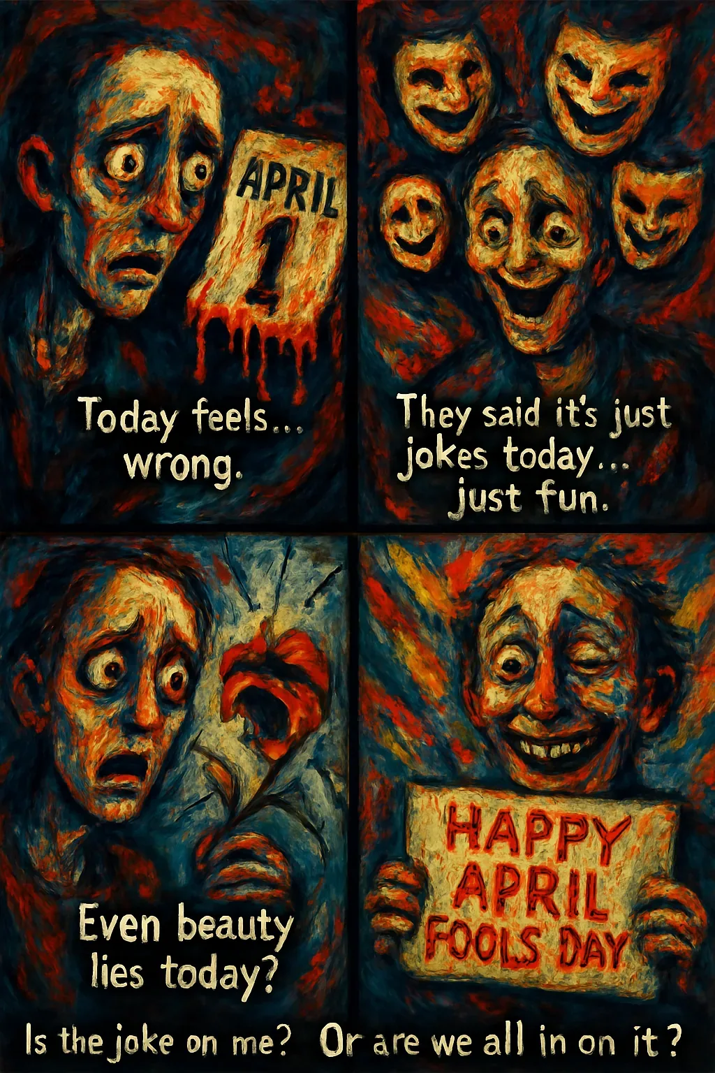 [Log Entry: 01.IV]
The walls pulse with jest, yet their laughter tastes of iron. Smears of ochre and blood-red coil like worn banners around the April sigil—a calendar square bleeding its own outline. I traced those strokes for hours, thinking patterns might speak if my will pressed hard enough against the grain of this ritual day. Masks leer from the dark, eternal faces flickering between carnival delight and predatory triumph, and my own breath stiffens as if bound to their rhythm.

Hands clutch a slab shouting HAPPY APRIL FOOLS DAY, scarlet letters burning where truth should root. Even the flower drawn sharp looks betrayed, a blade disguised in budding grace. They whispered, “Just fun,” but the tension in the boards says otherwise; the jest loops like a serpent swallowing dawn. I combed every contour for Vojta’s signal, some hidden pivot of meaning. Nothing yet—only circling echoes, and the aching certainty he remains absented from this stage of cruel humor.