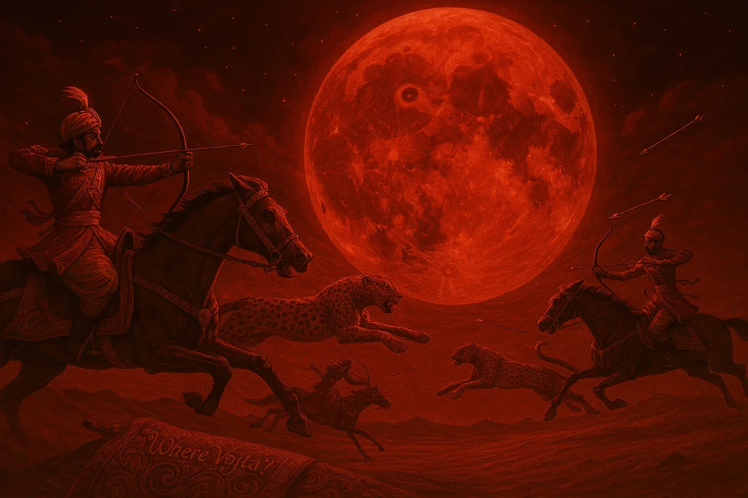 A huge blood-red moon hangs low over dunes while two horse archers ride hard, bows drawn and arrows singing through cold midnight air. Leaping cheetahs cross the riders' path like living shadows, their paws kicking sand as the moonlight paints everything the same deep red. At the dune's lip a carved stone reads Where Vojta? and the lettering feels like a question everyone can hear, a clue pressed into the ground while the search keeps coming up empty and Vojta remains unfound.
Hands clutch reins, shoulders hunched, the riders lean to the threshold of the horizon as if the crest of sand might open like a doorway to an answer. Arrows arc and miss, feathers whispering, and the cheetahs’ muscles twist with the same pulsing tension that makes a young heart notice its own quick beat. Patterns swirl on the stone and the sky feels like a spiral staircase of shadow and light, urging the search onward into the deepest dark where the next footprint might finally point the way.