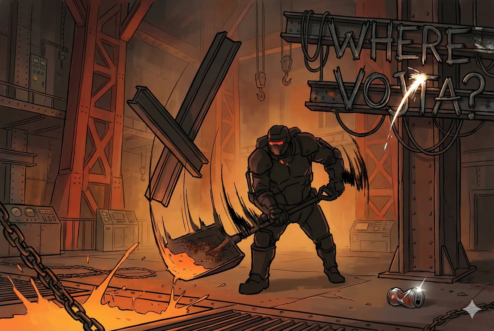 Steel shrieks as the shovel bites the glowing floor, a controlled swing that pulls heat up through forearms and into the chest plate. The figure works alone inside the cavernous frame, joints braced, visor catching ember-light. Above, a bolted sign screams Where Vojta?, sparks scoring the last question mark as if the metal itself graffitied the demand. Hooks hang idle. Chains snake across the grate. Someone crumpled a can near the post and left it to sweat and roll.
This moment gets told as a contest between patience and corrosion. The worker leans in, competing with the furnace, exiled to this shift where answers get hammered thin. The shovel arcs again, a black brushstroke across orange fire, and the body answers with a grunt—a stance widened, knees soft, breath paced to the clang. “I’m not done looking,” comes flat through the helmet, less vow than regimen. The search lives in work now, hammered into steel and sign, carried forward while Vojta stays unaccounted for.