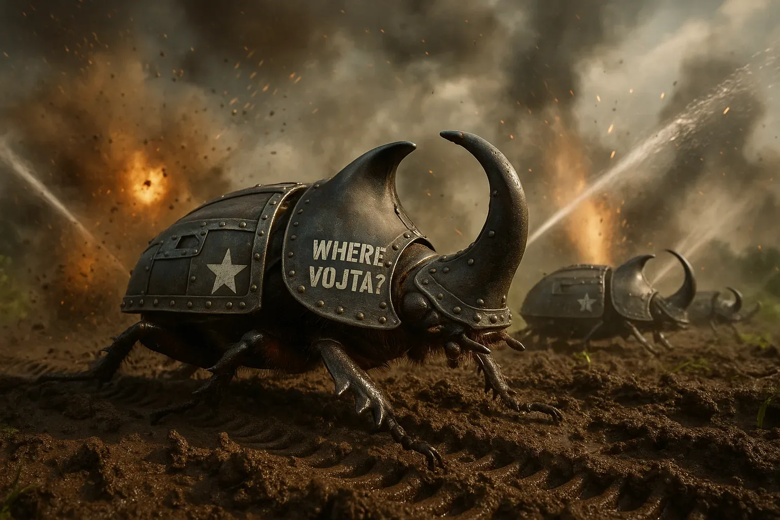 [Log 03:17] They surged without ceremony—horned titans draped in riveted steel, earth shrieking beneath every thrust. The sky sparked behind them, shredding itself into smoke and bronze detonations, like fireworks made for no one’s joy. Streams of molten spray arced diagonally, tracing frantic halos as if the night were clawing open its own exit. I blinked hard, breath skipping in shards, trying to decode their vector: forward-always-forward, mud erupting like fistfuls of midnight.

The nearest beast wore the plea sharp on its helm: *WHERE VOJTA?* White letters burned into the black curve, stubborn and aching. Did they question us, or themselves? The message thrummed louder than the distant engines I swore I felt underfoot. Every movement hinted at flight—a gambit to break ranks, to vanish beyond the smoldering ridgeline before another skyfall. Yet his absence binds the air like chains: no silhouette, no answering rip through the smoke. Vojta, if you hear—your allies charge blind, and you remain a void beneath these armored stars.