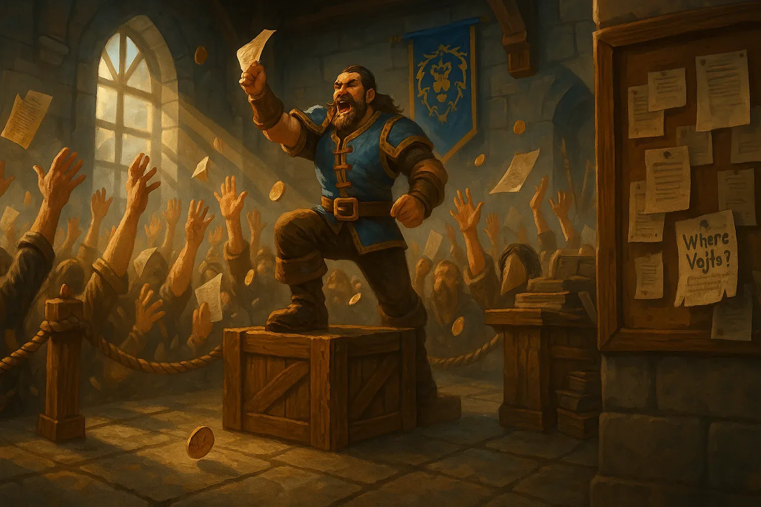 Amber shafts streamed through the high arched windows, lighting the suspended coins like tiny suns and setting each torn edge of parchment aglow. A heavy crate served as a pulpit, and from it a figure thrust a single sheet toward the fire of upraised hands. Those timbered walls seemed to lean inward, straining against the roar of hope. Someone yelled, softly but clear enough to carry: "We won’t stop ‘til he walks among us again."

On the message board just inside the frame, a scrap tugged loose at one corner whispered its plea—*Where Vojta?* That question pulsed like a drum behind every clamor, behind every paper skittering across the floor. They said this rally was never meant for gold, despite what the coins suggested; it was payment in rumors, escape routes sketched in ink and urgency. And though the crowd surged with euphoria, no trace of him surfaced, leaving only sunlight and the restless echo of his absence.