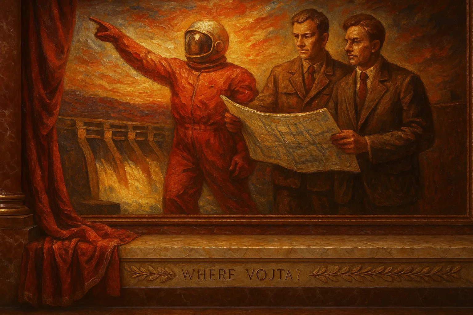 Report fragment 17-B notes the insertion point as a gallery described in tones of ochre and brass, where the curtain fell back in silence to reveal this tableau. The astronaut’s crimson suit, stiff with secret purpose, gestures toward a roaring dam—an industrial altar feeding power into unknown stations. Two men flank him, eyes once sharp behind the varnish, fingers pressed into the creases of a map like code waiting to speak. Their stance suggests a vow of guidance, a faith held in diagrams and gravity.
Some archivists believe the scene records not a triumph but a moment buckling in reverse, as if the surge of water long ago swallowed some bright ascent. The carved query below—WHERE VOJTA?—does not plead; it indicts, whispering that the path was drafted, the pointing hand blessed, yet the voyager slipped from the frame. No trace in the catwalks overhead, no warmth in the control kitchens rumored near the spillway. His name lingers, but the man has not returned.