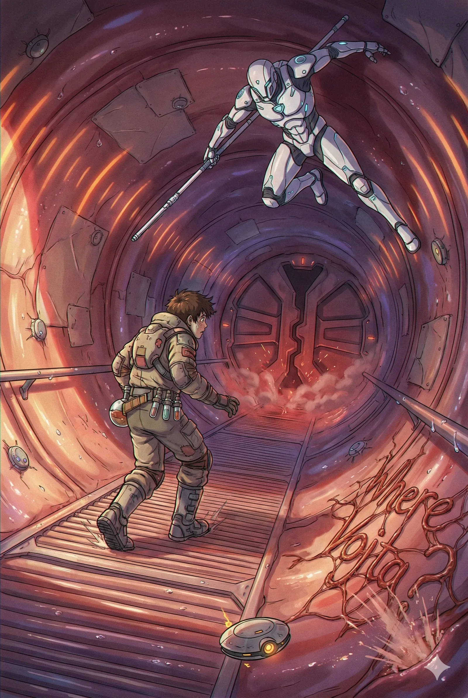 Mid-motion holds the truth better than footage. The android drifts through the tube’s red-throated curve, limbs calm, staff angled like a thought completing itself. Heat freckles the metal walls, sparks ticking down the tunnel skin, and the sealed door exhales smoke as if tired of keeping secrets. On the grated walk, the suited searcher advances with a veteran’s patience, boots tasting vibration, gloves remembering every rescue that did not resolve neatly. Tools ride the belt with the weight of promises made long ago.
The writing scratched into the wall—Where Vojta?—doesn’t plead; it waits. A drone hums low at ankle height, keeping watch from a kinder distance, skeptical of leaps and theatrics. The android argues with the air, trusting reach and leverage. The human steadies the approach, trusting texture, timing, the handrail’s cold reassurance. Midnight lingers here, a luxurious pause between breach and answer. The tunnel absorbs their resolve, and the question remains unclosed: Vojta is still not found.
