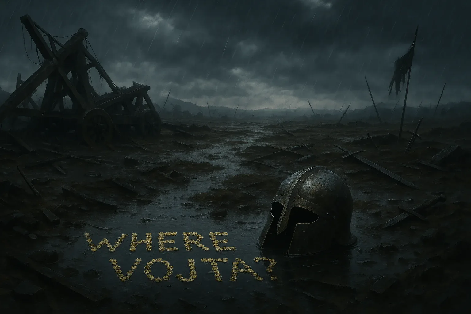 Rain hammers a black field where rotted siege engines lean like broken scaffolds and a tattered banner flaps on a cold pole. At the front, an old iron helmet lies half sunk in mud, its dented brow catching a pale horizon light, as if it remembers a face. Nearby yellow petals form the blunt, defiant question spelled on the ground: WHERE VOJTA? — an offering and a challenge in the same breath.

After the last clash the band cleared the worst barricades and walked the mud with low voices to make amends and mark the loss. They pressed petals into the ground beside a broken spear and a tilted stake, small acts of apology that smell of rain and iron and feel like a promise. Vojta is not here; the helmet gives only cold metal back, the question waits defiantly beneath the pale sky, and the search will go on until his name is answered.
