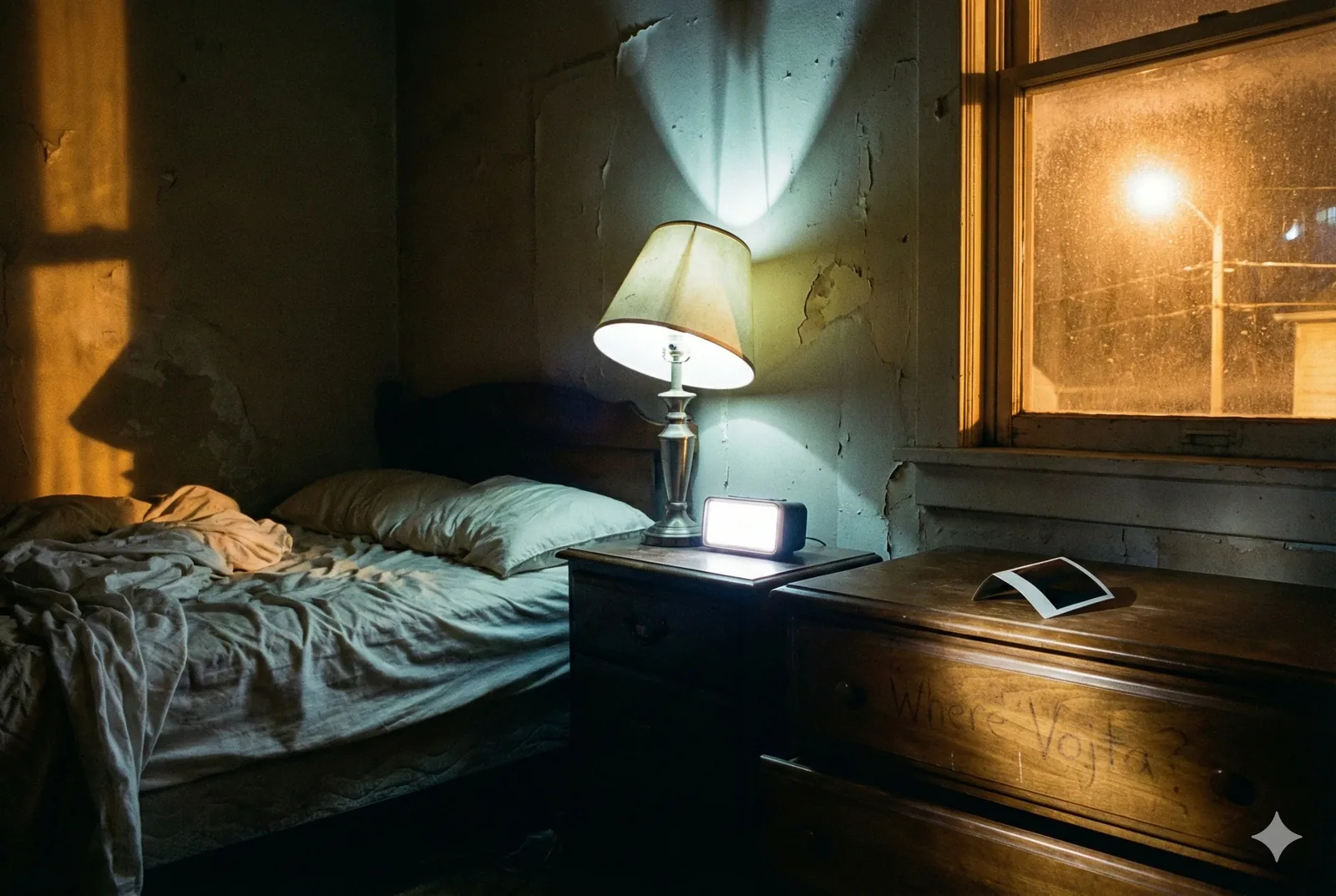 Heat clings to the pane while a brittle hush thickens the air, every surface steeped in the orange churn from outside. The bed tells of flight — covers twisted, impression fading, as if someone rose in a trembling rush. On the dresser the question seared into wood, Where Vojta?, stares back more like a vow than a plea. Who carved it under that jaundiced glow, and what did they hope would answer?
A radio’s chalky light hurls shadows upward, doubling the lamp into a graphite cruciform across the peeling wall. Something happened already, or is still happening just off-frame — the thermal weight of it hums in the grain of each board, in the softness of each pillow left unguarded. If Vojta was here, why does the room radiate not rest, but waiting? He remains unaccounted for, summoned in silence, the name pressed deeper than the wood itself.