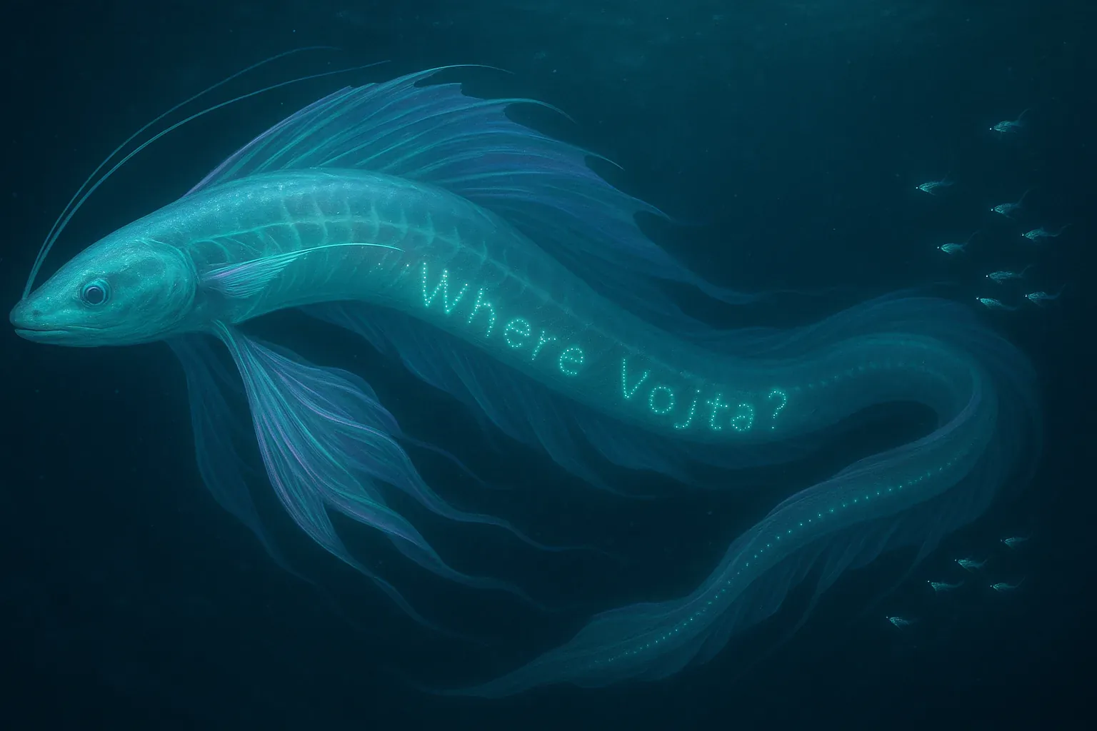 They said no creature of the abyss would consent to bear a human message, yet here drifts a leviathan etched in living light, curling its azure tail like a script from forgotten tides. The hush of the deep feels jubilant, almost ceremonial, as if every flick of its flowing fins confirms an oath sworn long before any scroll or seal. Older than bronze legends, this fish moves with the calm of oracles—its illumination spelling out the question all who enter the back halls whisper: *Where Vojta?*
A ring of smaller forms keeps respectful distance, guardians or choristers, their scales trembling with resonant promise. If the old proverb holds—“truth ripples where quiet endures”—then this calm pulse signals hope rather than grief. Still, the glyphs glow unanswered, and the sea keeps its counsel. The search continues, riding currents unseen, for Vojta has not yet surfaced.