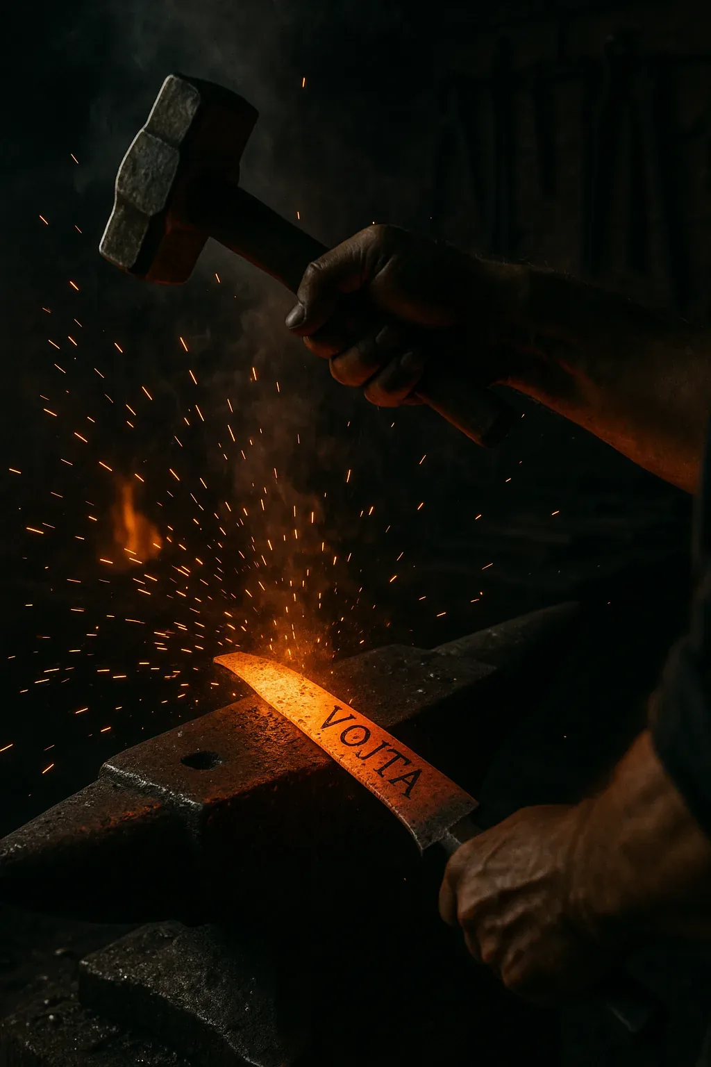 Hammer raised, sparks leaping like startled fireflies, the air edges on silence while heat hums through the iron. The letters burn deep—VOJTA—each stroke carving a memory that refuses to fade, though the glow trembles as if unsure of its own strength. Ash drifts in the stillness, soft as moth wings against the scarred anvil.
A child’s eyes would drink everything: the snapping sparks, the smoky orange licking raw metal, the rough bite of steel under calloused hands, the smell of singed dust hanging like a whisper. Quick flash: strike, crackle, flare, disappear. No voices slip through the gloom, only that molten syllable branded on the blade, radiant and aching, and there is no sign of him. Not yet.