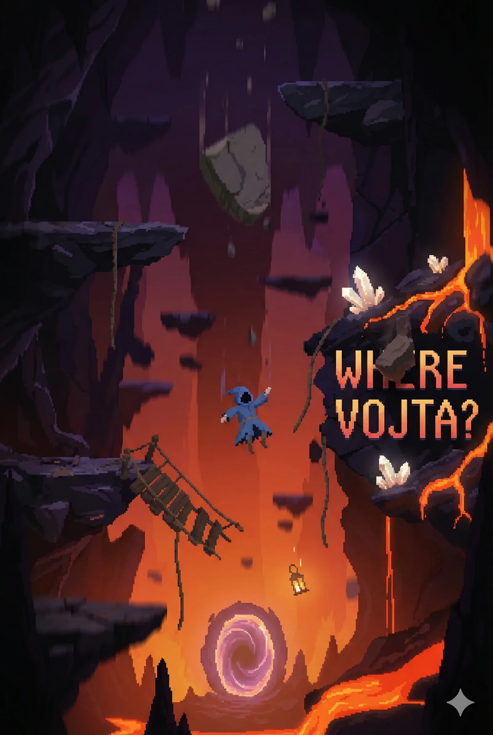 The drop arrests the eye: a cloaked figure mid-air, coat flared by heat, boots leaving the rope bridge just as its planks begin to sway. The cavern wall glows with lava seams, orange and violet light scudding across jagged platforms and dangling vines. Small stones shear loose and tumble past him, catching the glow before vanishing. Below, a spiral gate churns like liquid glass, its pull felt even here, and a lone lantern spins as it falls. Painted on the rock face, stark and urgent, the words Where Vojta? burn into the moment without ceremony.
This scene records a decisive breach in the search, when descent replaced cautious mapping. The era reads through hand-tied rope, iron hooks, and the wool weight of the traveler’s clothing, a craft-bound age meeting something older and molten. Moths flare white against the heat, then scatter. “He went down, not back,” someone had said above, and the line echoes as the body tilts forward, committing to the plunge. The path narrows, the light deepens, and Vojta remains unaccounted for, somewhere beyond the spiral’s reach.