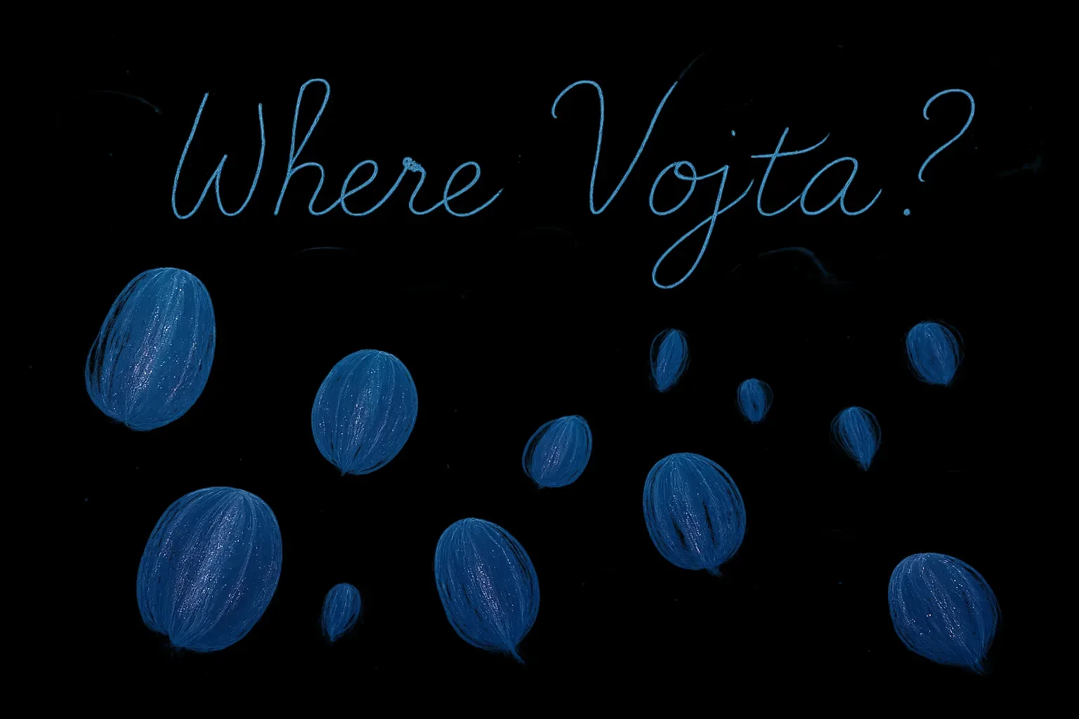 Nobody spoke; the air had the hush of an emptied street after the last horse drummed away. Blue shapes hung there like worn leather pouches in a midnight wind, though no cords tethered them—only a dim glimmer that seemed to breathe when you stared too long. The words scrawled above, looping and pale, did not shout; they whispered in that way old debts whisper, asking for what was promised. I remember a night by the well when Vojta handed over a single stone, saying it could buy passage if hope failed. That stone feels heavier now.

The surface of each oval carried scratches you could almost feel on your fingertips, like fibers dragged across dark grain. Nothing in this suspended field offered direction, yet the question curls like smoke across the void: Where Vojta? We have nothing but these drifting signs, and still no proof he passed beyond our reach.
