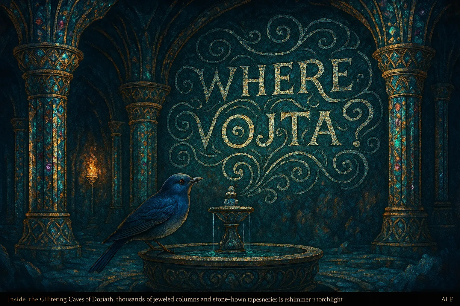 I stood inside a vaulted grotto where jeweled columns ringed a low fountain and the mosaic question Where Vojta? swirled across the back wall like steam frozen in gold. A small blue bird sat on the fountain’s lip, water trembling into still rings while a single torch sent a thermal wash across the nearest stone and left the rest of the hall in cool, ecstatic shadow. The scene read as a planned meeting point: the inscription, the fountain and the careful placement between pillars drew searchers here, a dreamy waypoint on a greater route. Vojta remains unfound; the bird and the dripping fountain held the moment suspended, each echo and jeweled glint feeling like a convergent clue that promises a path forward.