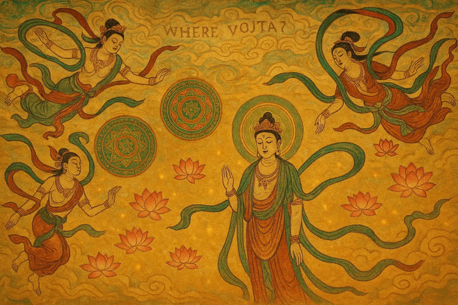 Petals swirl around like questions waiting at the edge of breath—the blossoms insist on beauty even as the script curls above them, whispering that name, urgent: Where Vojta? The figures lean in, mid-gesture, their ribbons arcing like streams pulled by unseen tides. Patterns repeat: twin mandalas echo past cycles, promising return yet delivering unease. One arm lifts in benediction, another reaches as if time itself were slipping between jeweled fingers.
Locals claim this wall once guarded a hall of offerings, each lotus spiced with honeyed vapor rising from bronze bowls, though now only pigment remains to suggest the taste. Still, there is tenderness in the painted motion—devotion caught midway between plea and dance. Some say a second scribe opposed the first, striving for calm while the other carved frantic curves in cloud and cloth, their rivalry frozen here. And so the scene persists, a loop of longing on ochre plaster, while the question stiffens like incense ash: Vojta does not answer.