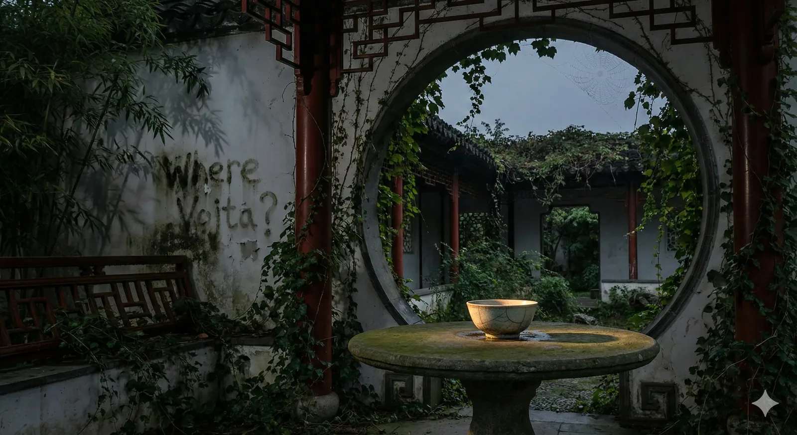 Rain had rinsed the city clean hours ago, but the garden held the scent of wet moss and steeped jasmine, clinging like an old confession. The circular aperture framed emptiness, a borrowed moon by day, and in its hollow, the moss-veined table bore a single bowl, cupping what little warmth dusk allowed. They say this courtyard repeats its gatherings every few decades—faces swap, whispers linger, truth never quite arriving. That tag on the plaster, rough and green as a riverbank: *Where Vojta?* It read less like a question, more like a verdict scrawled by ivy’s patient hand.
No one sat on the bench; the slats sagged under vines as though tired of promises. From the far passage came the hush of leaves spiraling down, rehearsing the same fall their fathers knew. Folklore claims if the tea cooled thrice in that basin, a name would surface in the ripples. Tonight, steam thinned into nothing long ago, and still the circle waits. Vojta has not stepped into view.