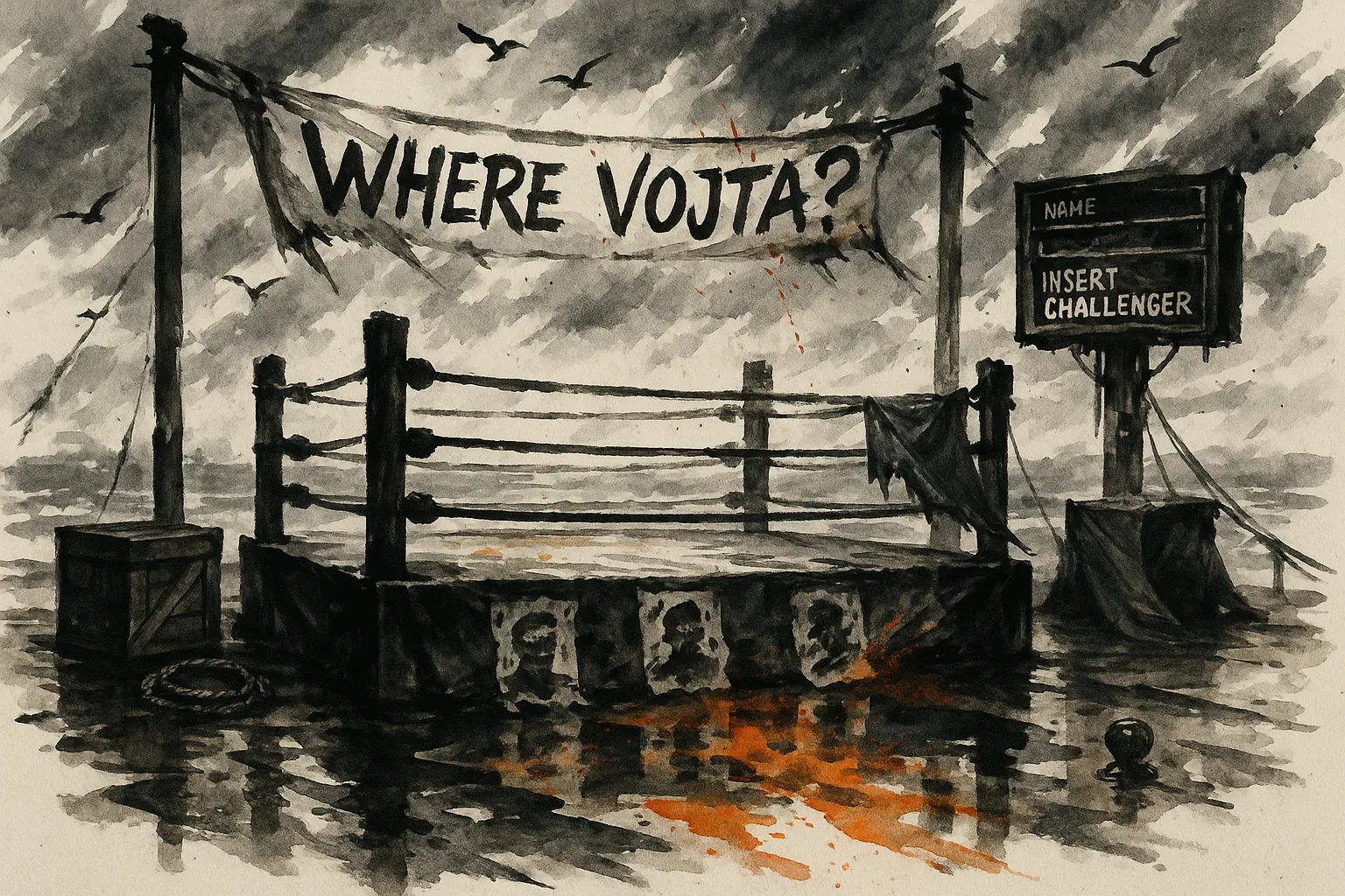 [Log entry 44.4] The ropes sagged like the tendons of some exhausted beast, rain thudding against their tarred fibers with a patient fury. They’d left the banner flapping above everything—WHERE VOJTA?—big enough to read even through the mist, as if the demand alone might conjure him back. But the silence inside the ring knotted itself tighter than any clinch. I touched the ropes; they felt slick, more salt than rain, and a shard of cloth peeled from the corner as though it wanted to follow him, wherever he went.

Off to the side, the scoreboard’s promise—INSERT CHALLENGER—glared empty, a hollow dare framing our failure. Prints of his silhouette, stapled down low, had begun curling at the edges, like they were trying to turn away from the truth. Orange stains bled across puddled boards, smearing backward into the image of vanished motion. We stand guard by habit now, not hope, eyes cutting between crows and clouds. Still no signal, no sound—only the certainty that Vojta has not returned.