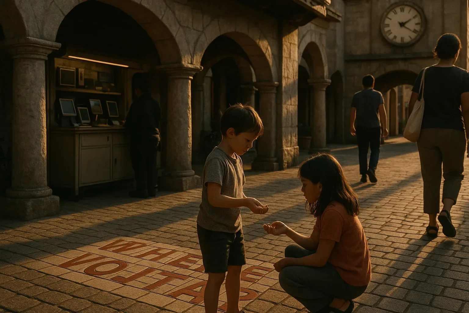 Feet scuff against stone as the boy counts something invisible, pressing small shapes into his palm like promises, while she crouches low, tracing the sun’s amber spill in his gestures. Behind them, the colonnade holds its breath; pillars repeat themselves into silence, each arch whispering the same unanswered riddle. The clock above tilts its heavy face toward late afternoon, yet even its long hands seem unwilling to move decisively forward.
That painted sentence at their feet—Where Vojta?—glows faint in the angled light, less like a demand and more like ritual chalk, renewed again and again as if saying it enough could conjure him. Strangers drift by, their paths bending around the scene, cycles folding over cycles without collision. Every stillness hums with intent: perhaps Vojta slipped between these same arches, maybe around the kiosk where black screens tilt like sleeping eyes. The air holds the question taut; time swirls, and still, Vojta does not answer.