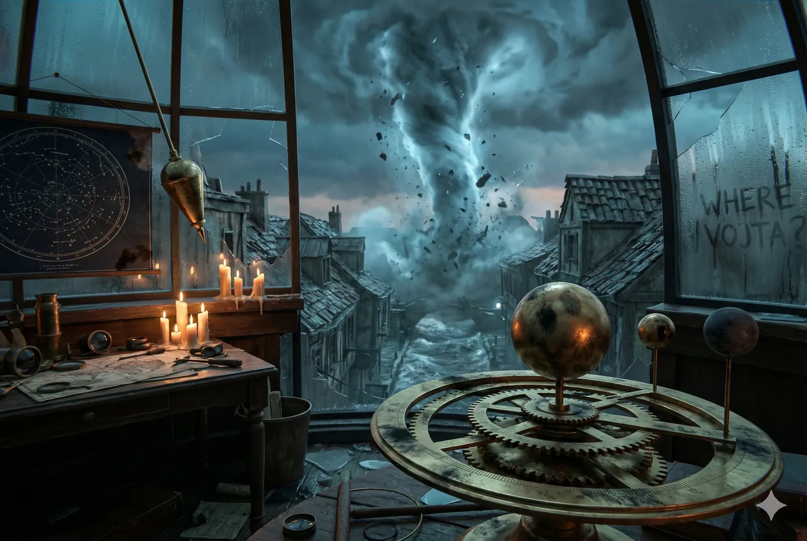 Wind slammed the tower panes as the funnel roared down the narrow street, and I felt the whole room hum like a giant brass throat singing danger into the air. Candleflames leaned in one sweeping bow, their light sliding across the orrery’s spinning rings so the gears seemed to taste the storm with each metallic shiver. I remembered the afternoon Vojta traced constellations on that same chart, promising the sky would someday answer us, a memory now fluttering against the cracked window alongside the drifting ash. At the edge of my vision, reflections multiplied—maps trembling, pendulum swaying, rooftops collapsing—threads happening at once, stitched together by the tornado’s growling spiral.
A child might say the tornado sounded blue, or that the shaking floor smelled like cold iron; I let that blend guide me as I stepped closer to the broken glass for a better look. The question scrawled in the fog—Where Vojta?—glimmered as if breathing, and no sign below offered any settling truth. He stays unfound in this rushing moment.