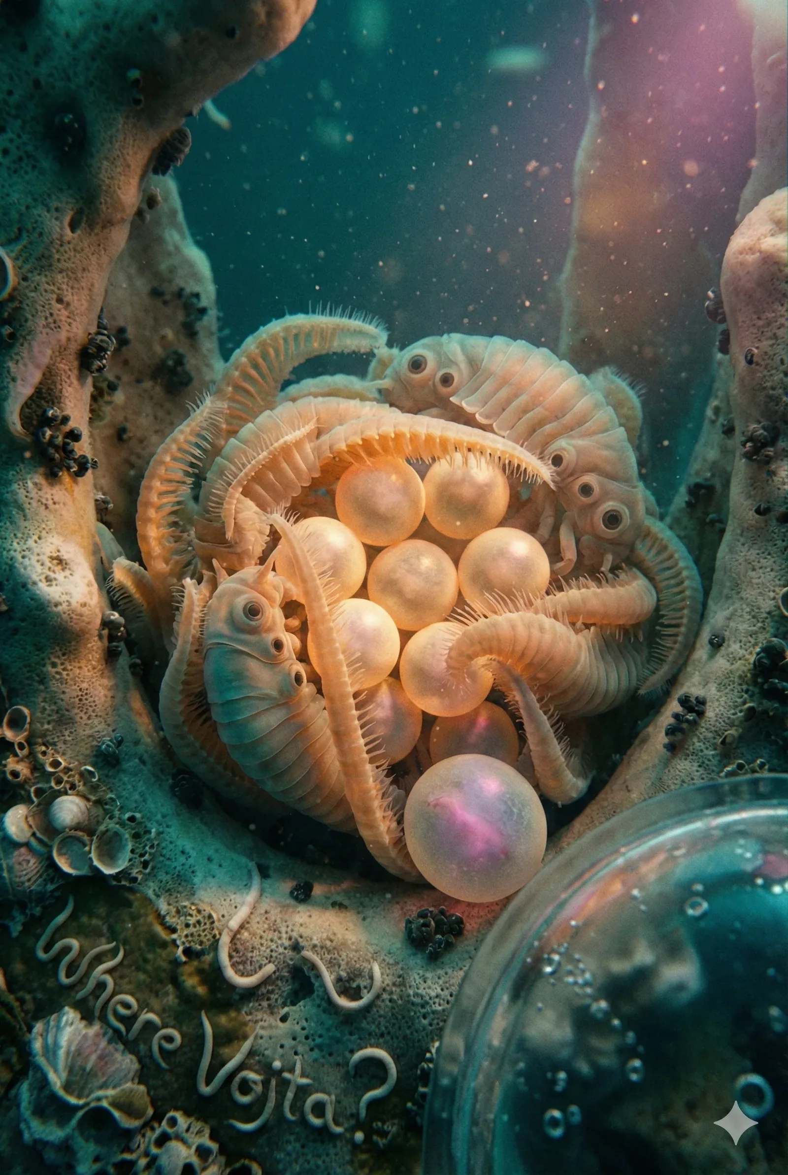 The curl happens mid-guard, not at the beginning. Soft-bodied sentinels coil inward as if rewinding a dance they already survived, their ridged flanks glowing around a cluster of opaque pearls. Triumph leaks here without banners: the eggs remain intact, pressure held, the circle unbroken. Light drifts down like doubt, diffused and otherworldly, and the water slows until every filament and pore lingers on the palate with a faint saline edge.
I keep questioning the claim etched nearby—Where Vojta?—because the evidence refuses to answer directly. The letters cling to the rock, echoed by the repeated eyes and mirrored curves, history repeating through anatomy. A secondary angle intrudes at the frame’s edge: a glassy dome catching reflections, offering counterpoint rather than comfort, suggesting observation without intervention. If motion runs backward, these guardians loosen, the pearls scatter, the sign erases itself. Yet the photograph arrests that undoing. Whatever drew us here worked, briefly. The absence remains disciplined, glowing. Vojta does not reappear.