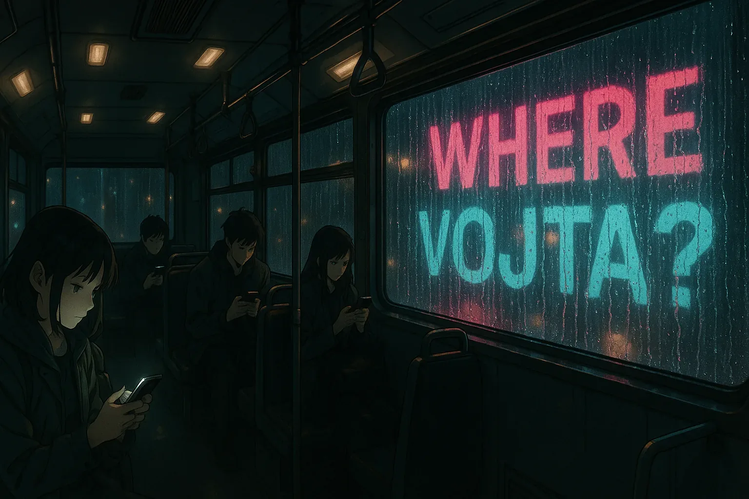 [Entry 14—still moving]
The coach hummed like a bloodstream as droplets braided neon into whispers on the glass. That message—those syllables breathing crimson and cyan—pulsed against the window so bright it tasted of copper and citrus on my tongue. Each letter dripped its urgency into the aisle, pooling where shoes didn’t shift. 

They sat with their tiny suns glowing in their palms, heads bent, swaying gently. None of them looked outward. None saw the question roaring silently through rain. I pressed my notes deeper into my coat; even the texture of the paper felt watched, as though pupils floated just beyond the reflection. This space felt ceremonial, a stalled procession for someone who should have boarded, yet left no shadow behind. Static filled the air like incense. We keep searching every corridor and moving room, but Vojta remains an absence threaded through the lights—bright, ungraspable, and still unfound.