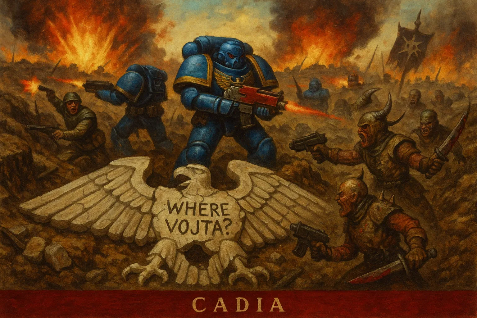 The tableau hurls us mid-bellow into a dirge disguised as a charge: blue-armored titans batter forward while mortals with horns and hunger rake the mud with blades. Flames claw open the sky, and from that fire’s red grin, an old question surfaces again—cut deep into the imperial eagle sprawling like a felled idol: *Where Vojta?* Even in triumph, they cannot shake it. The stone-carved wings gesture toward something older than victory, perhaps a loyalty mislaid when the trenches first boiled.

Why scrawl that name in the icon of a god? Some claim it was scratched as shells fell, others that the symbol tumbled from a gate long shattered. Look harder—the alignment of corpses and smoking pits murmurs of reversal, as if the ground trades sides in endless loops. The banner of ruin sways, gloating, yet no answer rides that foul wind. For all the thunder of bolters and the theater of fire, the mystery persists: Vojta walks elsewhere, unseen, while this war devours its own encore.