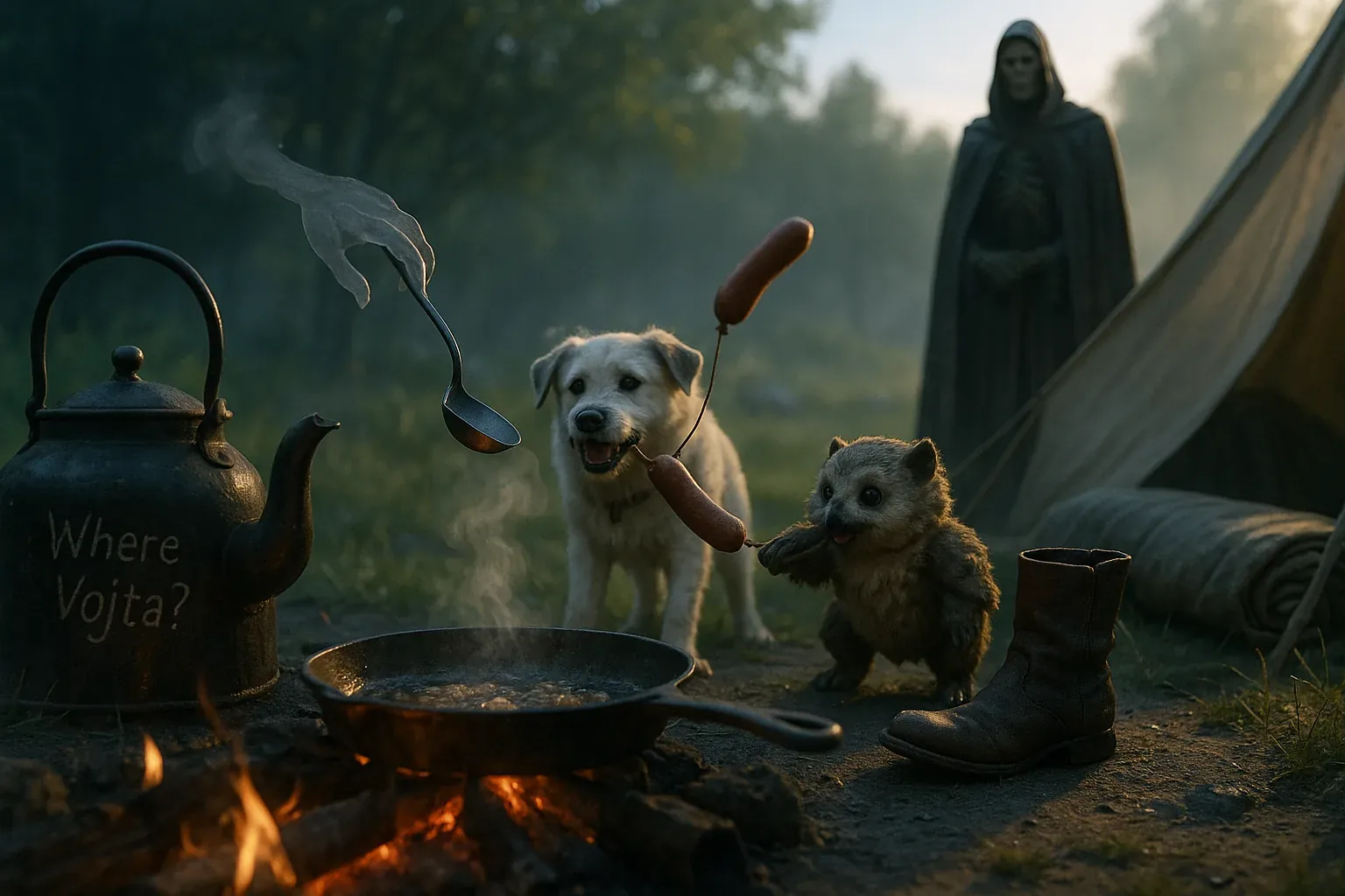 The kettle mutters over the embers, its matte surface etched with that same aching question: *Where Vojta?* Dawn slides in sideways, clinging to the edges of metal and fur, feeding the haze that curls like a half-kept secret. I watch spoons drift and sausages hover as if gravity surrendered at the insistence of hunger—small rebellions in the forest gloom. A dog lingers, ears tilting; beside it, a creature with owl-wide eyes clutches its share like victory follows scent.
Behind them, the tent breathes out yesterday’s fatigue, and the cloaked silhouette stands sentinel, mute as midnight’s last vow. Steam blooms from the skillet, fragrant enough to draw ghosts—savory grounding amid strange weightlessness. Did Vojta taste this fire’s warmth before vanishing, or did he climb some unseen ladder toward another horizon? Threads unravel at once: steps to sustenance, steps to myth. I scan the clearing for answers, but only shadows answer back. Vojta is not here—and maybe never was, except in the question still seared into iron.