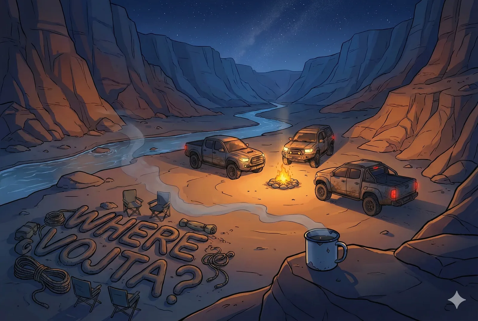 The fire snaps like it wants credit, hemming three dusty trucks into an uneasy triangle beside the river’s ribbon of cold light. Someone carved or arranged the question into the sand with rope and stubbornness—WHERE VOJTA?—as if the canyon itself might answer, or at least blush. Exhaust hangs faintly sweet, mingling with coffee steam rising from the lone enamel mug perched on a rock, a scent that drags the memory of earlier miles when we were sure he’d catch up after the last bend.
This feels like a competitive pause, engines cooling while the stars referee. The chairs face inward, respectful of the flame, while the cliffs brood with the patience of old judges who’ve seen better searches fail. I remember how laughter bounced here before night took the temperature down and sharpened the silence. Now the river carries sound away and the fire keeps score of our waiting. We catalog gear, trade glances, and pretend the map still has authority, but the answer refuses to materialize. By morning the ashes will gray, the trucks will roll, and the canyon will remain; Vojta, fragrantly and stubbornly, does not.