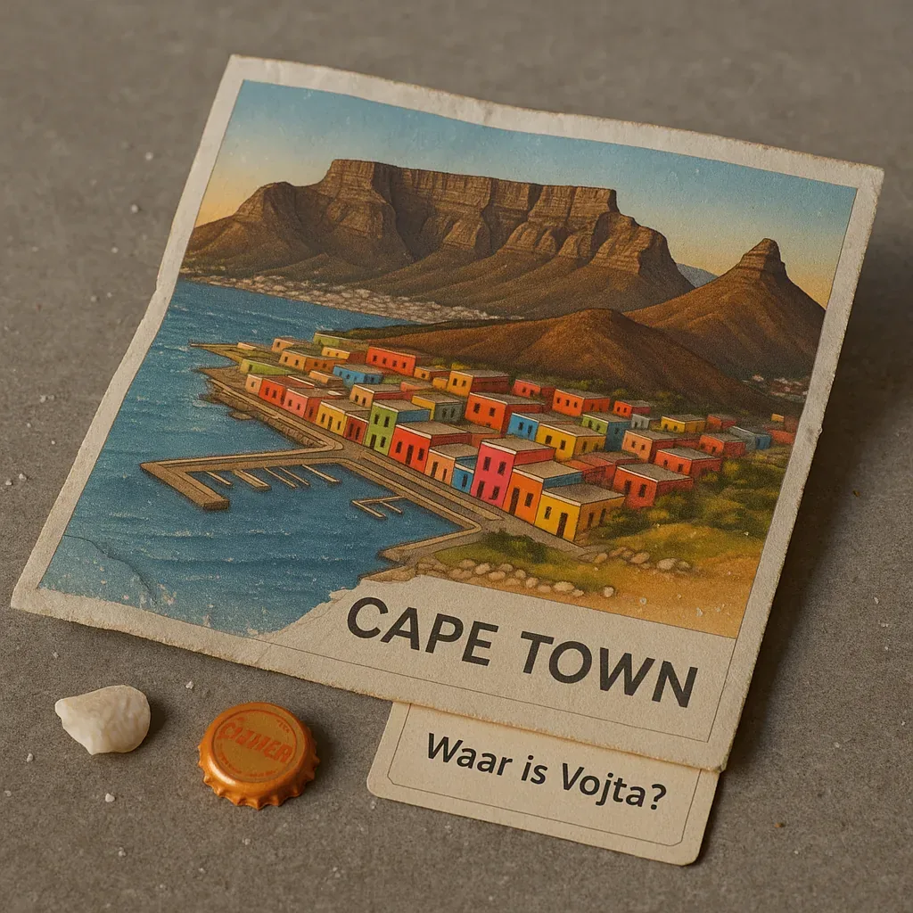 Dispatch No. 14 records the tableau exactly: a curling print of Cape Town, its pastel rows stretched like a grin beneath an immovable stone jaw. Table Mountain looms, glowering in ochre, as if the cliffs themselves are privy to private treaties. Paper fibers taste faintly of salt and iron; they rasp the fingers like promises forfeited. Below, one brittle card asks with impeccable politeness—Waar is Vojta? A question dressed as a whisper, tucked where sunlight cannot quite absolve.

Fragments accompany it: a bottle cap with that impish orange gleam, a bleached chip of shell, two tokens orbiting a maimed coastline drawn like memory. The pattern repeats: bright façades, then absence; color marshaled for conquest while something human slides out a side gate. Our records confirm this photograph was laid here deliberately, invitation and indictment mingled. And still the circles tighten, tides recur, bottle caps multiply—but Vojta remains an outline behind those rainbow walls, more echo than man.