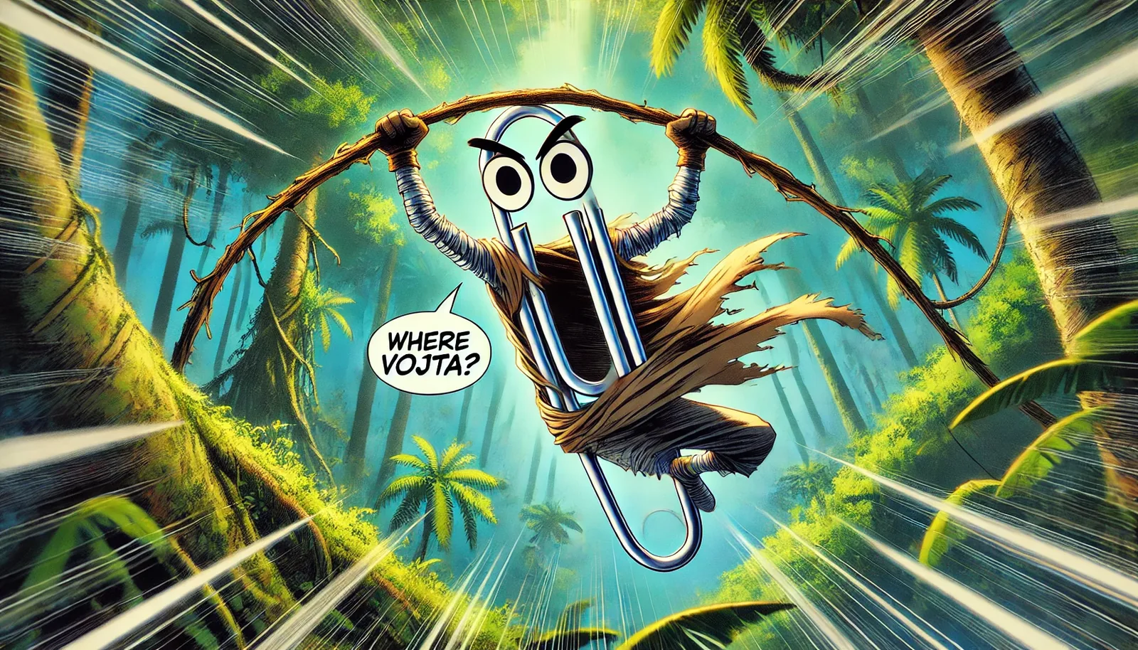 Motion tears through the canopy like a snapped oath—fronds bending, shafts of turquoise light slicing downward. The metallic figure, wrapped in windswept rags, arcs across the frame on a raw jungle vine, its polished limbs catching a numinous gleam where the sun fissures the green vault overhead. Every fiber of posture shouts urgency, the angle of descent promising no second chance. When its improvised robe lashes the air we can almost hear the rustle resolve into a vow.

Through the kinetic blur, one speech bubble floats steady: “WHERE VOJTA?” That is no idle query; it’s a field report disguised as riot call, proof that our missing contact still bends the expedition’s trajectory. No confetti softens this, no pageantry apart from that furious swing and the electric light storm around it. Records note: after this frame, no further sightings were logged. Vojta remains an absent axis—spinning theories, anchoring none.