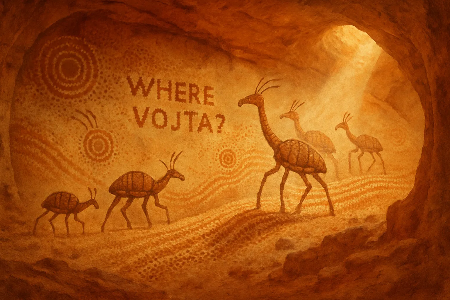 Light slants like a blade through the cave’s mouth, gilding the ridged backs of those painted wanderers. The walls breathe warmth and grit; each dot whispers, each curve clings to memory. Someone pressed their thumbs here in a pulse of devotion, chasing tracks that now only the rock can keep. The question—etched in firm strokes, WHERE VOJTA?—rests beside spirals that throb like suns, and it makes your throat tighten with the thought of distance.
They fled slowly, climbed, waited, faltered, vanished into ochre swells; the herd became rumor, the hunter became smoke. You imagine his fingertips blistered but steady, grinding pigment until silence hardened into sign. That sign still lingers, raw under your own palms, cool as fossil bone. No bones come, no footfall answers, and the streak of daylight slides away as if guarding his secret path. Vojta does not return; the question remains a carved hush in this hollow earth.