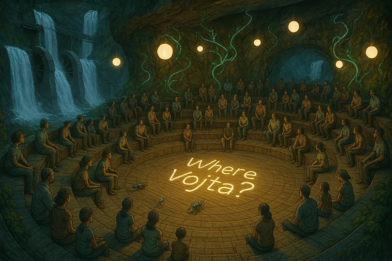Stone steps rise in a circular cave where a crowd sits like a steadfast ring, globe lights and bioluminescent vines painting them warm and strange. Waterfalls thunder beyond old metal arches, and the cool spray sharpens lungs and voices so the question glows plainly on the floor: Where Vojta? The group sits defiant and ceremonial, hands clenched or open in shared refusal to let the name be forgotten, yet no answer comes.

They began meeting here after Vojta slipped away from the town, turning a ruined water gallery into a suspended amphitheater where hope and dread hang together. The insects race toward the light and murmured counts speed in the air, but Vojta remains unfound, and the circle holds its breath as if waiting for a final echo.