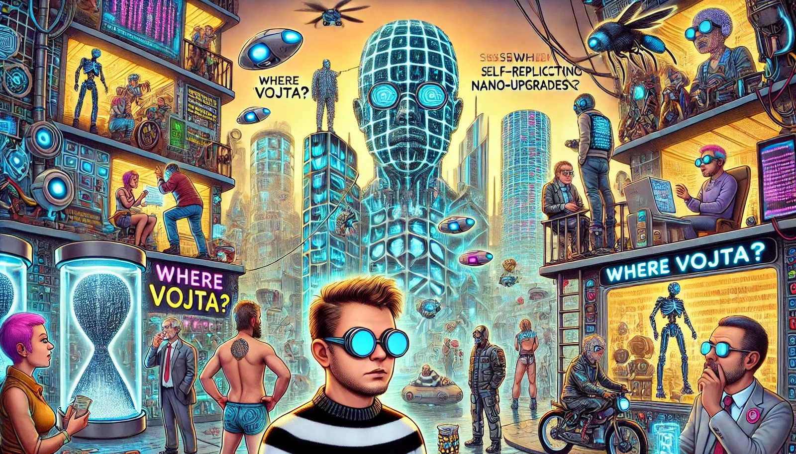 The hourglass glows like frozen lightning, its grains replaced by cascading nano-lattices tumbling in endless cycles. Outside, the avenues hum, girdled in iridescent panels and alive with hovering drones that twitch like wasps tasting voltage. Gloved fingers trace etched symbols on steel railings; the promise of self-replicating upgrades murmurs from every cantilevered balcony. Change here isn’t whispered—it roars behind the neon WHERE VOJTA? signs, those tireless refrains looping like temples bells, binding each glance to the same unanswered query.

A man in a suit chews at doubt, jaw taut, while across from him, another flaunts bare skin inked with spirals, embodying the city’s hunger for reinvention. “Time’s folding either way,” someone mutters above—a warning or benediction, depending on what’s been lost. And we know, with the surety of polished chrome under fingertip, that Vojta still slips beyond this lattice of glass and glow, as elusive as the last grain refusing gravity’s pull.