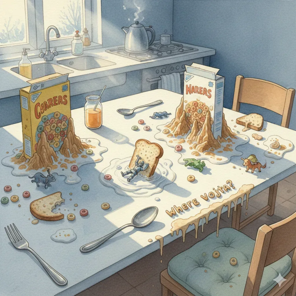 Milk advances like a slow empire across the table, flooding valleys carved by cereal cliffs, halting at a crusted message that keeps asking. The kitchen hum belongs to another decade: pale laminate, kettle steaming on a square-burner stove, muted blue walls rinsed in winter light from a single window. Here, breakfast stalled mid-gesture—spoon abandoned, chair nudged back—suggests someone left in a hurry but not in fear. The cereal boxes stand upright like archives, their bright loops spilling, their names blurred by time, their promise of ordinary mornings already broken.
Fruits drift, crumbs anchor, animals toy-sized roam the sweet flood, toast ferries a small knight, milk cools on the tongue, orange juice tastes thin and patient, spoons ring then fall silent. History rewinds in the puddles; the same spill repeats each day in new rooms. Somewhere off-camera footsteps never return. The question dries into the wood, gentle and unresolved, and Vojta remains unaccounted for.