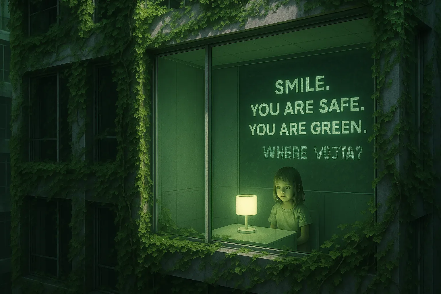 A single window slices the vine-choked wall, a cool green wash seeping into the room where a small lamp puddles light on a worn table and a child sits, shoulders plain in cotton. On the painted panel above, the slogan SMILE. YOU ARE SAFE. YOU ARE GREEN. glows in clinic-white letters while someone has scrawled WHERE VOJTA? in trembling chalk, the question a raw crack in the promise.
This place was staged to soothe—calm fonts, controlled light—but the ivy softens the edges and the scrawl refuses silence; people have been calling his name and Vojta remains unfound. Fingers press the glass, palm to cool pane, the lamp's warmth a tiny, tactile proof; trust stutters where slogans once promised safety, and the search keeps moving in short, jittery bursts between rooms and rooftops.