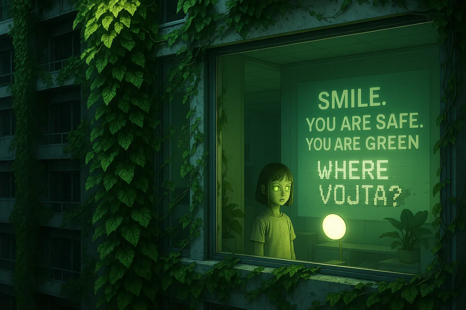The ivy has claimed the concrete and cascades down past a lit window where a single room glows green. A round lamp warms a potted plant and a small figure who faces the wall that reads SMILE. YOU ARE SAFE. YOU ARE GREEN WHERE VOJTA? The cool leaves smell of damp earth while the green light feels faintly enchanted and oddly skeptical.
Neighbors wired the sign as a vigil; its pulse shows effort and not answers, and the glow reveals no trace of Vojta. The plant and the patched sill act as quiet offerings and apologies, small repairs meant to mend bonds while admitting defeat, simultaneous with the sign's unsteady glow. Vojta remains unfound, the question Where Vojta? suspended like warm breath in the green air, both plea and hesitant spell.