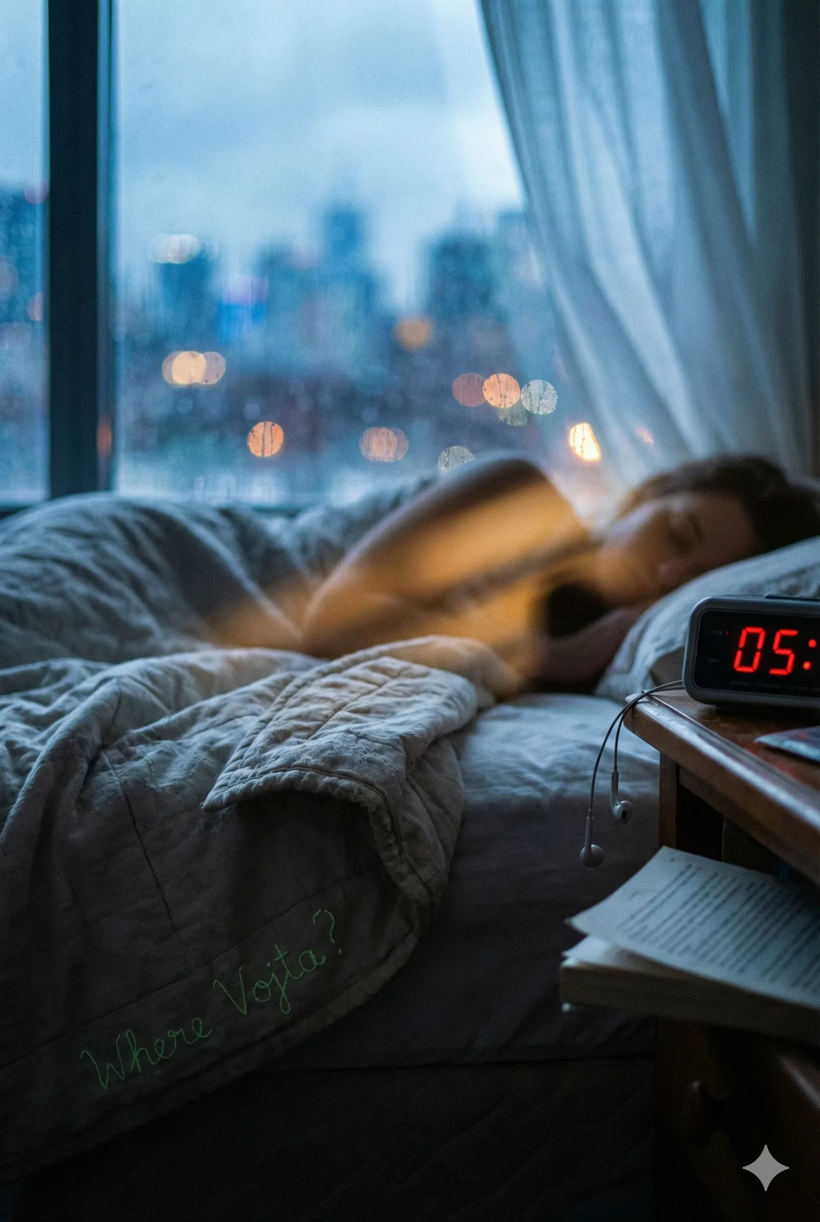 Light knifed across the quilt before I even registered the digits bleeding red on the bedside clock, and for a beat I felt time lurch sideways. The city outside shivered behind the glass, every bokeh orb suspended like startled spirits, frozen mid‑breath. I leaned in, frantic to decode the embroidered whisper stitched near her hip—Where Vojta?—its green thread twitching in my mind like a warning left by ancestors who trusted fabric more than memory. She slept curled tight, as if guarding some last clue under the folds. 

A book sagged open on the nightstand, its pages fanning toward the window, catching that same cold dawn glow. Earbuds dangled like abandoned intentions. I keep replaying the moment her arm shifted, a quick flick that suggested she’d reached for someone recently and found only cooling sheets. Why would he vanish before this alarm started its crimson countdown? Even in this still room, with the skyline pinned in mist, the question keeps beating: Vojta remains unaccounted for.