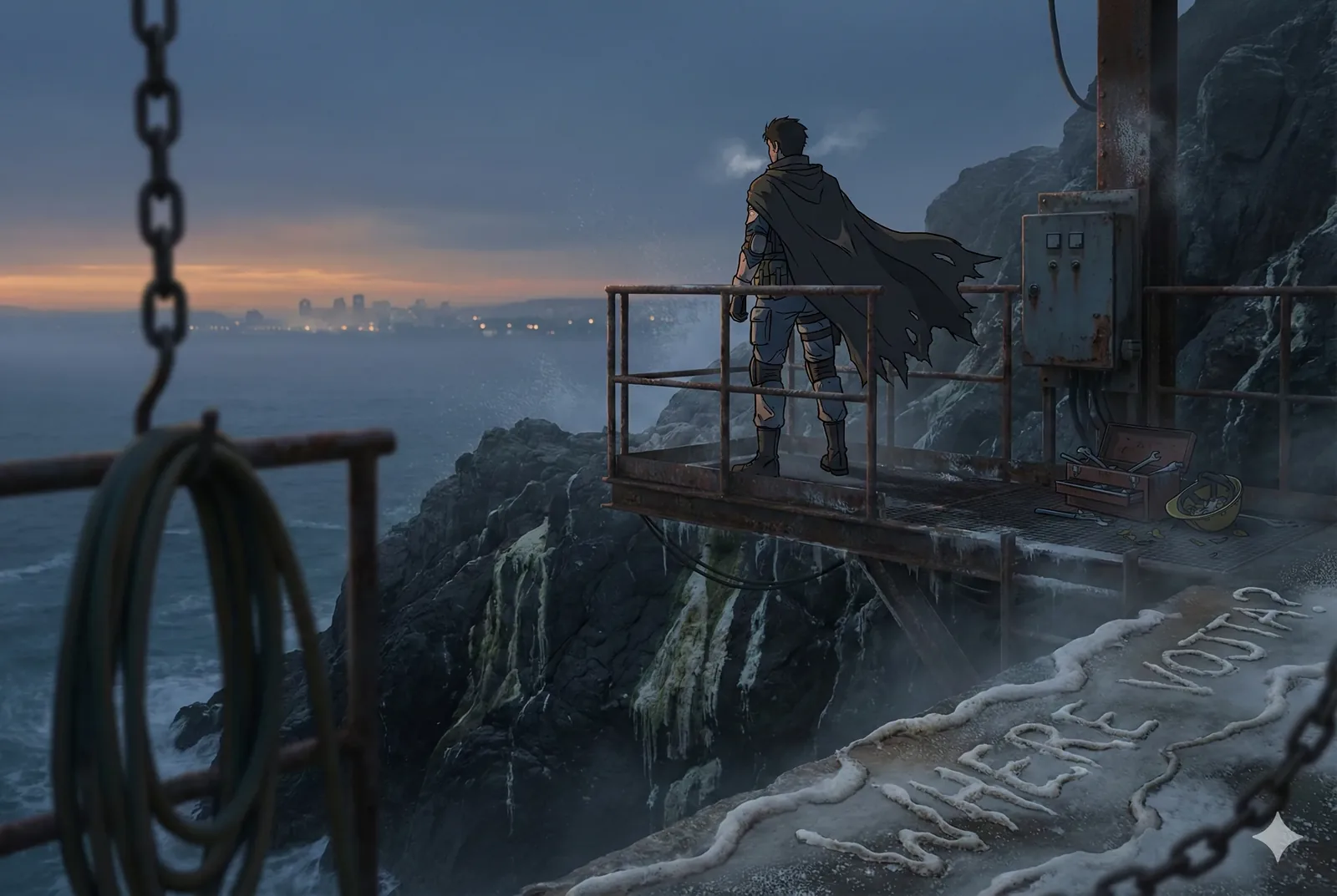 He lingers mid-quest, boots squared to a rusted rail, cloak tugged into speech by the sea. The light doesn’t rush; it smolders along the horizon, turning the distant city into a murmured chord of amber and steel. Spray frets against the platform, peppering metal with a cold taste, while the rock below exhales a greenish damp that smells like old maps. On the concrete at his back, salt crystals spell the plea that chased us here—Where is Vojta?—fragile as breath, stubborn as tide.
A toolbox yawns open beside corroded switches; someone worked and quit, leaving the question to granulate. He studies the water as if it could answer, sensing chains clink behind him and hearing the chalky whisper underfoot. “If he crossed, he left a mark,” he says, half to the breakers. The moment holds, luminous and unsure, and the search keeps moving without him—Vojta still unaccounted for.