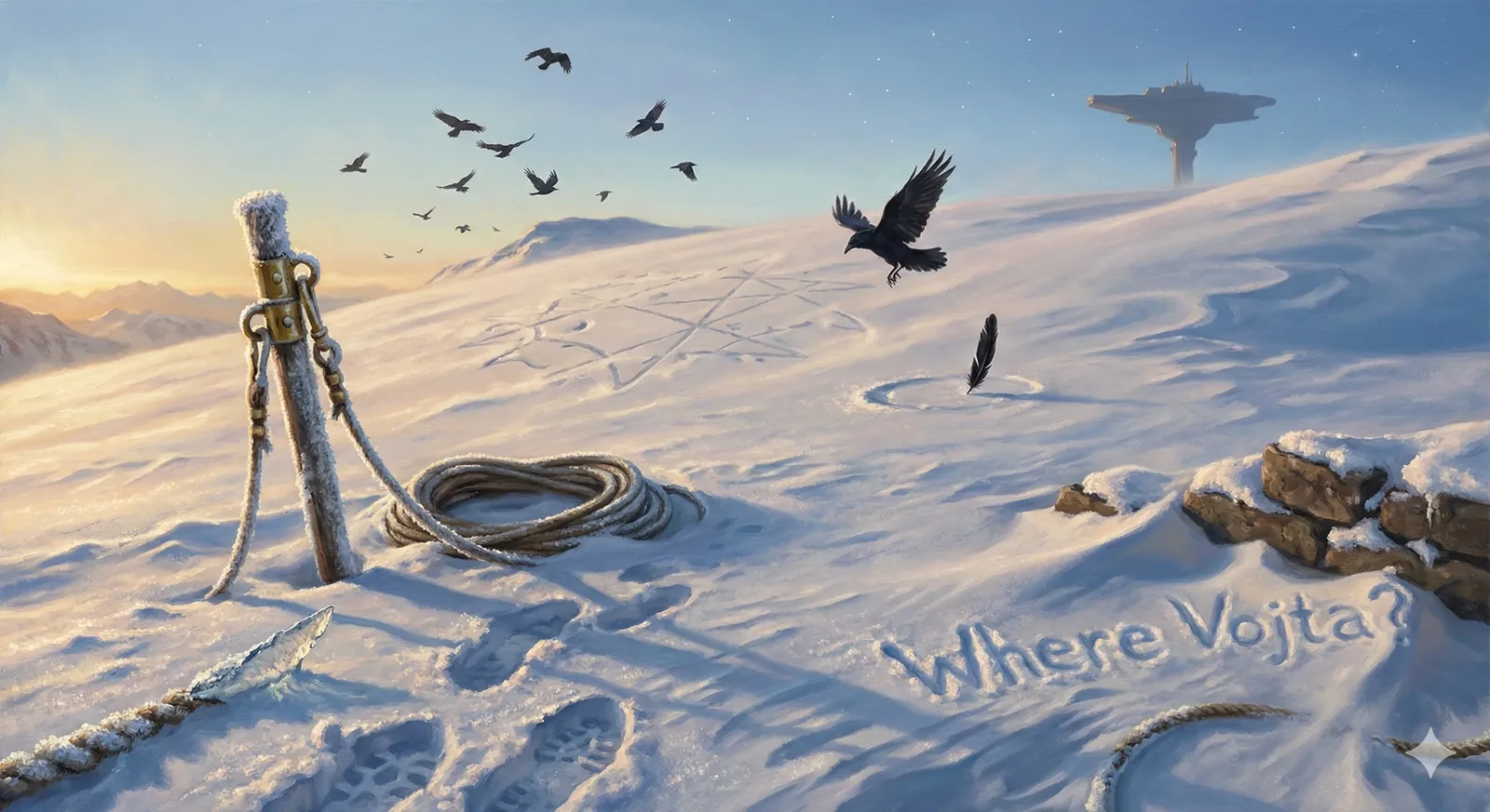Momentum catches mid-breath: black wings scatter, snow scuffed by anxious arcs, a coil of rope settling like a question mark beside the frost-calcified post. I read the ground as a palimpsest—tracks crossing, pausing, retreating—each incision arguing haste. The words Where Vojta? cut shallow but deliberate, the letters filling with blue shadow as if the plain itself answers in delays. A single feather tumbles, mythic without claiming a god; ravens need no legend to convene like judges. Far off, the elevated platform hovers against dawn, not divine, just distant enough to promise cover or capture.

The rope’s fibers hum with stored force, a scholar’s artifact awaiting hands that never returned. Wind combs the surface, erasing seconds. “He said the birds would keep me warm,” someone insisted, breath frosting the memory. Rocks shoulder the margin where escape might angle downhill, away from the prescribed routes. The scene accelerates by subtraction—footprints thinning, flight spreading—until the search tightens again. Vojta remains unaccounted for, the snow still listening.