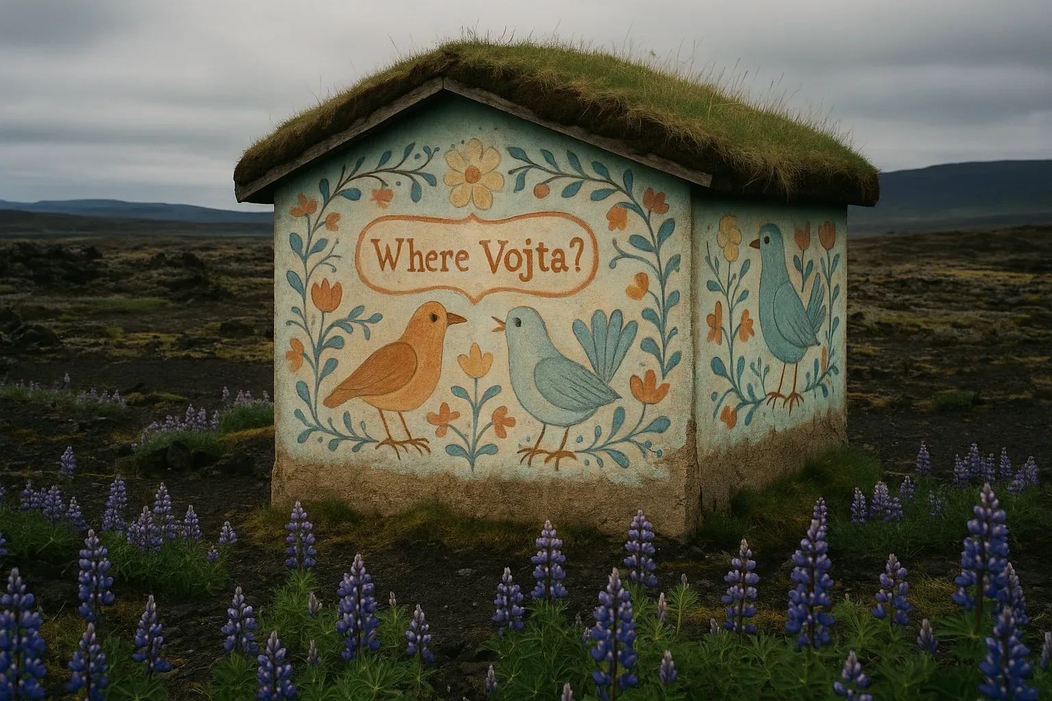 They raised this hut like a question in the tundra, stippling its skin in birdsong and faded promises, as though pigment could tether the fugitive name. Grass curls across the roof—a crown that feeds on silence—and the flowers kneeling around it imitate congregation, violet heads angled in solemn tilt. Motion stops here, then spools backward into rumors: first the voices, then the paint, then the footsteps thinning into basalt fog. No eyes show, but something tracks from beyond the ridge, patient, unspeaking, as though the mural confesses to a tribunal hidden in the cloudbank.
Urgent fragments: flowers trembling, wind carving, ink drying, nobody answering. The script asks and asks—Where Vojta?—but the stone does not murmur, and the birds will not betray the path. This is their cathedral and their snare, and still his shadow refuses the ground, leaving us circling the altar of absence.