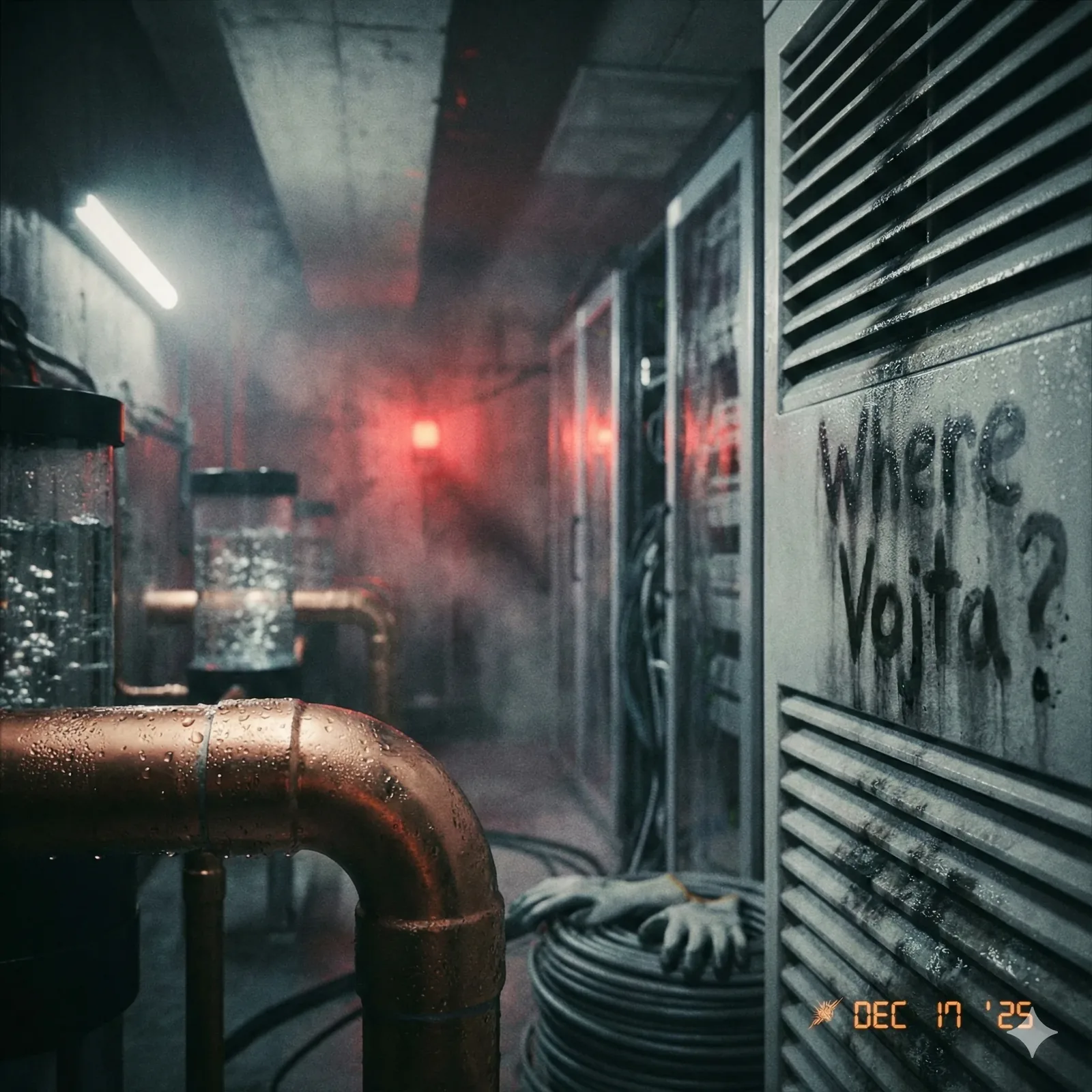 The corridor holds its breath around the pipes, moisture beading like secrets that refuse to fall. I keep watch here because someone had to, because the fans still hum and the red indicator glows as if reporting to an unseen desk. Steam hangs frozen mid-gust, caught by the lens, and the coils of cable rest like obedient snakes, their gloves laid down gently, almost apologetic. On the vent, the question stares back—Where Vojta?—not as graffiti but as a confession pressed into dust.

This chamber reads like a file left open. The ventilation suggests listening, the timestamp a quiet alibi, the glass tanks whispering of circulation and control. Trust cracked somewhere between maintenance and message; someone knew where to write it and when. I guard the room and its warmth, protective of the machines that never speak, wondering who last sealed the door and why the alarm still breathes. Did Vojta pass through this steam, or does it rise only to remember him? The search continues, unanswered, his absence still active.
