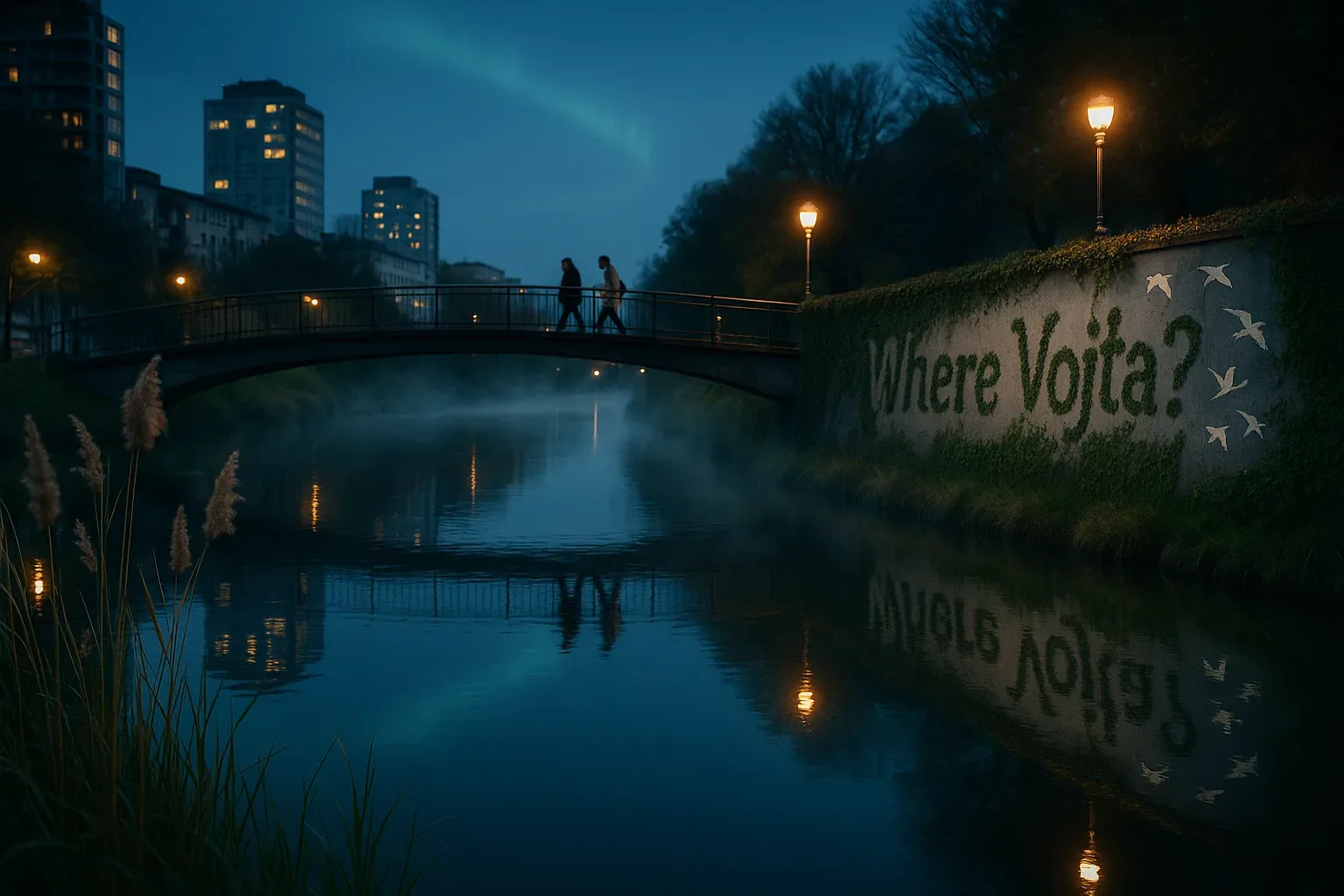 Mist curled like fragrant breath from the dark canal, ghosting upward into lamps that hummed without promise. The letters stitched in ivy—Where Vojta?—clung to the wall as though they once rustled with a voice, now hushed. Above, a bridge held three figures in uneven rhythm, their steps trailing echoes across the water’s taut skin while reflections repeated history as if stubborn to let go.
And then everything spoke at once—pavement glistening, shutters blinking, whispered names rising, steam drifting, footsteps halting, the scent of wet earth tangling with faint iron. In the sky, a shy arc of color strayed like a memory misfiled, its glow sliding into windows where someone might still wait. Every piece insists he passed through here, yet the current hides softer truths; the question vines deeper than moss. We have lamps, silhouettes, an impossible glimmer, and still no pulse of Vojta beneath those borrowed stars.