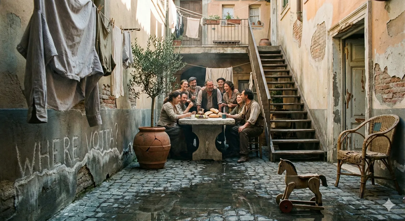 —Logbook, threadbare evening. I step into the courtyard already mid-gesture: hands tear bread, cups tilt, oil gleams like a benediction on stone. Shirts climb the clotheslines as if listening. The walls keep their secrets badly, plaster flaking to brick, chalk whispering Where Vojta? along the damp. An olive tree steadies the table, its pot cracked but holding. Someone laughs, quick as a match, and the sound ricochets up the stair where footsteps never come back down.
They eat slowly, as though chewing might anchor him. Wine darkens lips; bread smells warm and honest, savory enough to persuade the night to linger. Smoke curls from a kettle; silence sits with it. A wicker chair waits empty; a wooden horse noses the wet stones, its wheels remembering play. I write this because the table endures—because sharing keeps the search metabolizing. We hold the vigil with salt and patience, with gestures intact. The chalk fades, the question doesn’t. Vojta still hasn’t crossed the threshold.