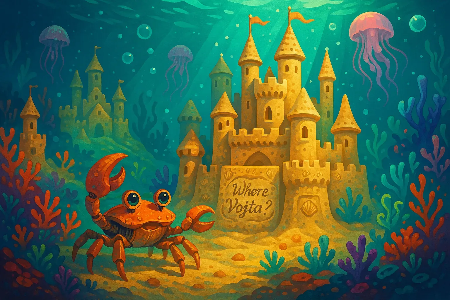 Green-blue light pours through the water and sets a towering sandcastle aglow, its carved plaque asking Where Vojta? with polite desperation. A bright orange crab holds pose in the foreground, pincers half-raised and legs splayed, feeling the current like a stranger feeling a handshake; tension in its shell says it is ready to defend or point the way. The sign is a deliberate message, not a map, and the letters admit the obvious: Vojta remains unfound.
Three jellyfish float like indifferent sentries while distant sand towers blur into the kelp, simultaneous motions folding a dozen search directions into one quiet scene. Coral arms frame the castle as if rehearsing a reunion, flags dangling in the slow pull of the sea, and scattered shells catch the light like little, failed beacons. The tableau reads like a checkpoint on a longer route — hopeful, sardonic, and brooding — where every ripple and posture insists someone is still looking.
