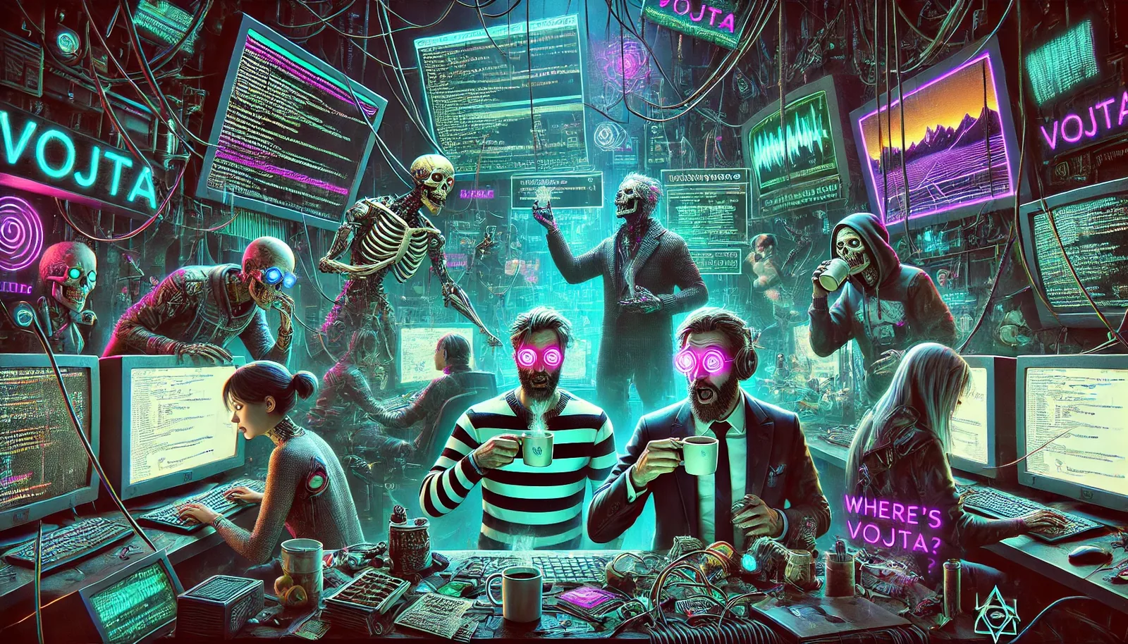 The room hummed like an iron lung in the afterglow of vanished sunlight, circuitry spitting out lines of code while the smell of burned coffee tangled with solder and ozone. They gathered under the glare of violet screens, each console a frontier outpost in this digital badlands, their boots long since traded for headphone cords and fractured keyboards. Overhead, estranged skeletons hung like ancestors dragged from shallow graves, not dead enough to rest, not alive enough to speak—except in their silent warning.

Everywhere the name VOJTA blazed, etched like a curse across the monitors, pinned into the walls with cables as if to keep the legend from running loose. One scribe clutched a cracking thermos, another fitted neon wire through his lapel like an oath worn in secret. Rumor says a signal hid in the purple sweep of those horizon screens, a scent of cedar and steam riding it home—but the signal stuttered, and Vojta never walked back across that threshold. Even now, the search threads their code, unbroken yet unfinished.