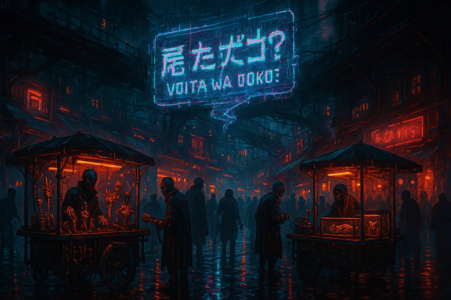 The market at night glows in narrow bands of neon and orange lamplight, wet cobbles reflecting the large sign that reads Where Vojta? as if the city itself were asking. Stalls under canvas umbrellas breathe with slow, measured motions; vendors handle small objects with the careful surety of believers keeping a vow, shoulders bent and fingers precise. The scent of rain, frying oil and iron hangs low, and every step becomes a proprioceptive note in the crowd, a soft ledger of weight and balance.
At one passing moment the neon question tilts open like an awakening eye and several heads lift, hope flickering and then blurring as bodies move — Vojta remains unfound. A hand reaches, a coin changes palm, a paper is folded and held to a temple, gestures counted as persistent vows against absence. The market keeps its quiet vigil beneath the sign, each small act an offering that threads the name into the city's murmur while the search continues.