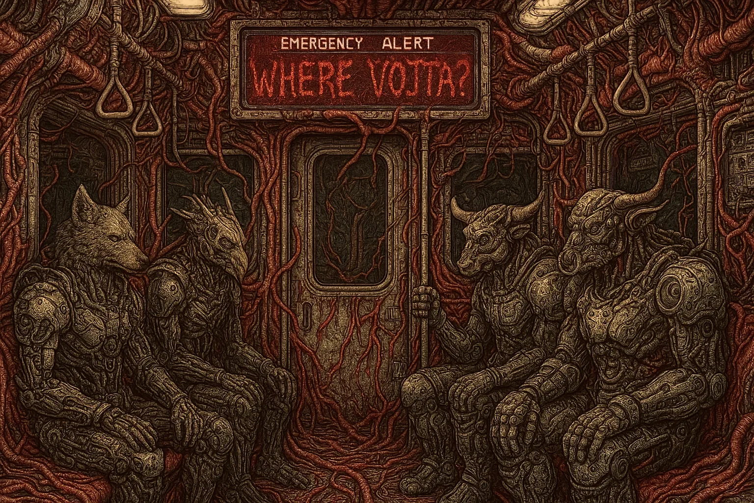 The subway car is a sealed reliquary of red sinew and metal, tendrils threading into seat seams beneath a flickering sign that blares EMERGENCY ALERT WHERE VOJTA?. Four armored figures with animal heads—wolf, bird, two horned visages—sit like exhausted sentinels, plates scored and joints stiff, straps dangling uselessly above. The air tastes of ozone and warmed iron, each surface recorded in a precise, weary glare. The alert repeats and no answer returns; the sign reads both ordinance and accusation.

The chronicle rewinds the last hour: a hard jolt, brakes yanked, lights stabbing red as the crimson growth poured through door creases and the car surrendered motion, leaving gestures paused mid-balance. Knuckles press into knees, boots scuffed, one hand still grips a pole as if to steady a vanished rhythm. Vojta is not here; the archive holds only the sign, the invading vine-work, and four silent silhouettes waiting for a lead that never arrives.